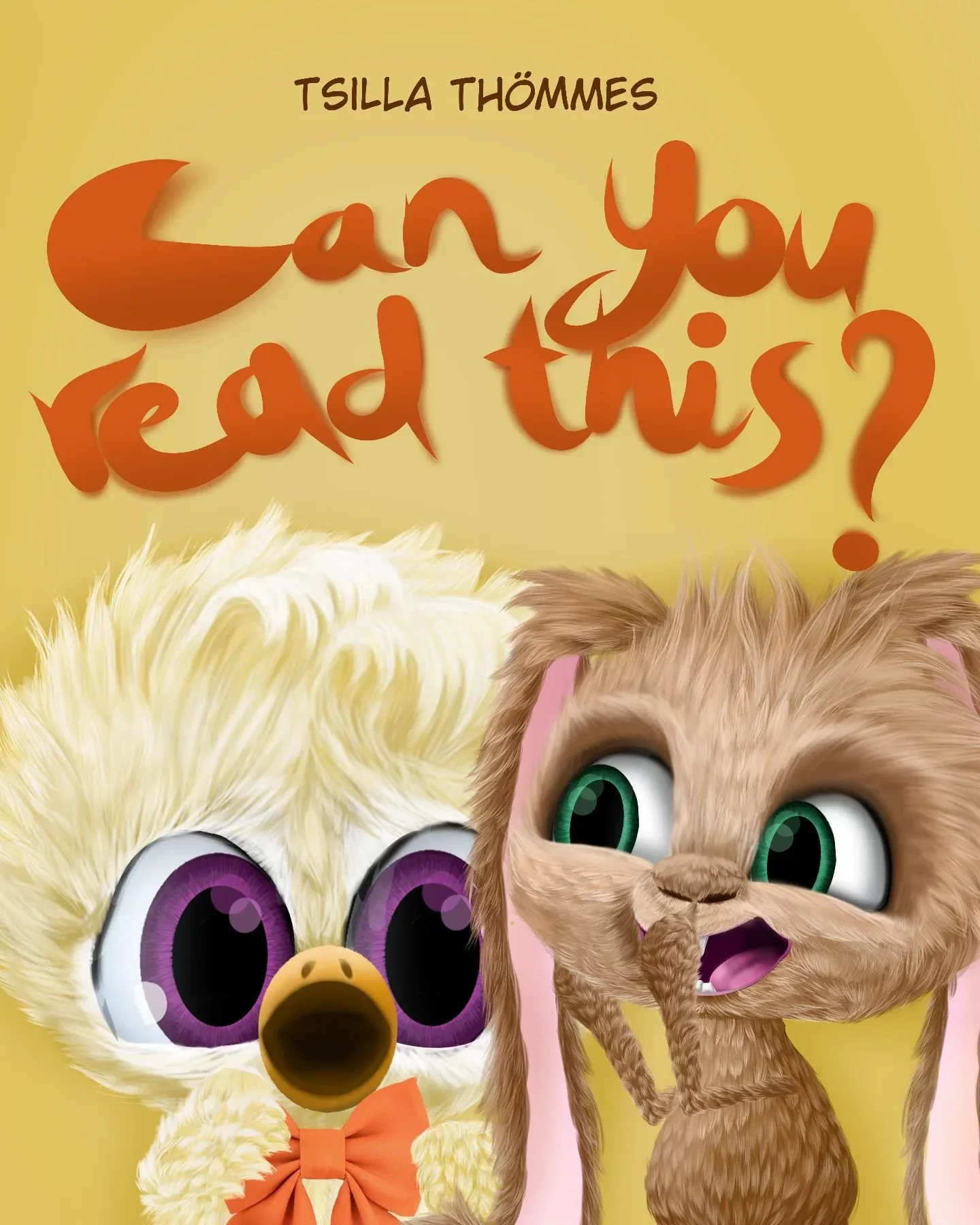 Colorful book cover featuring illustrated cartoon animals—an owl with big purple eyes, and a cat with green eyes. The title reads "Can You Read This?" in large, stylized orange and brown letters, and the author is Tsilla Thömmes.