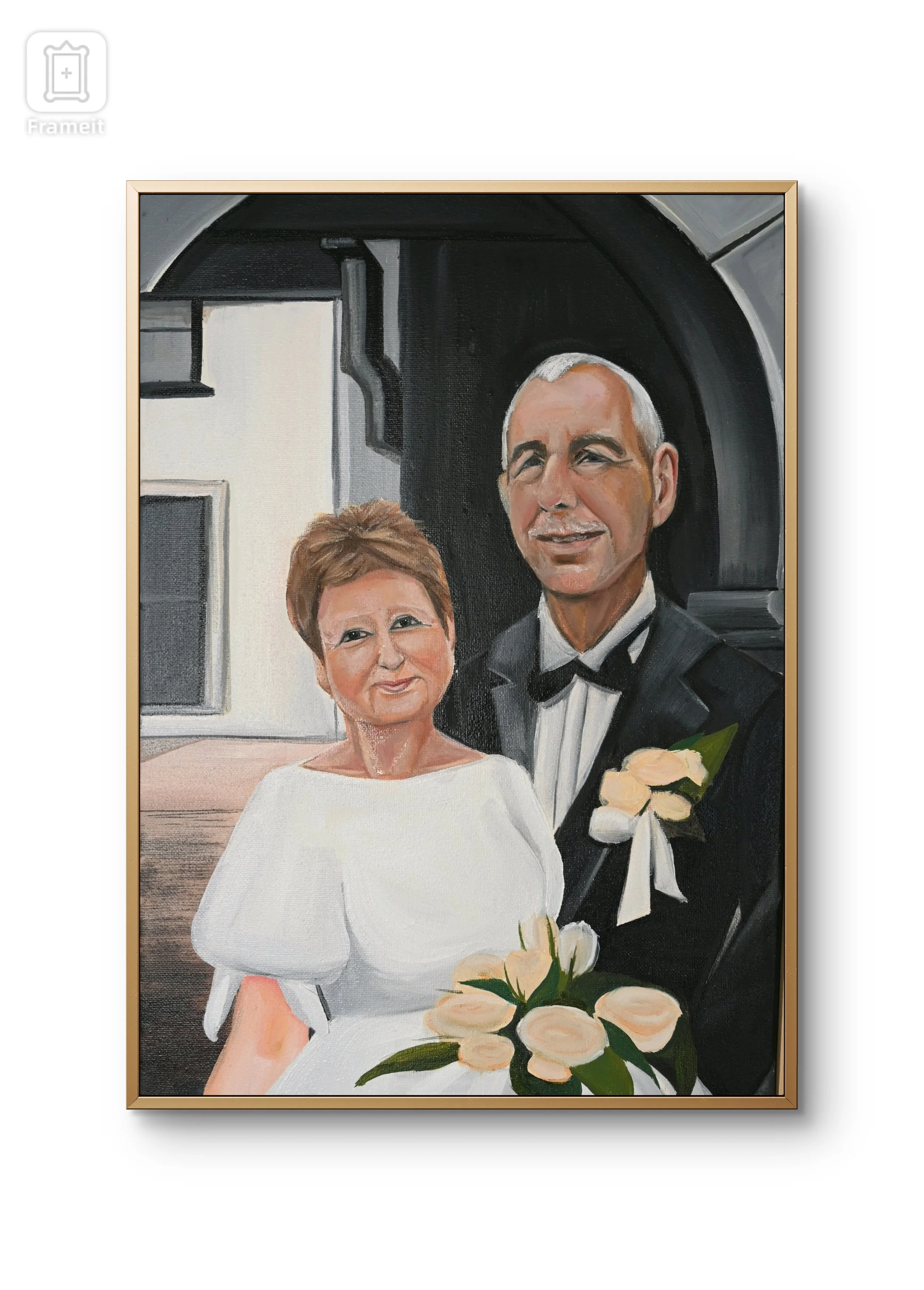A painting of an older woman and man in formal attire, with the woman holding a bouquet of white roses. They are standing in front of a dark background with a building and window visible behind them.