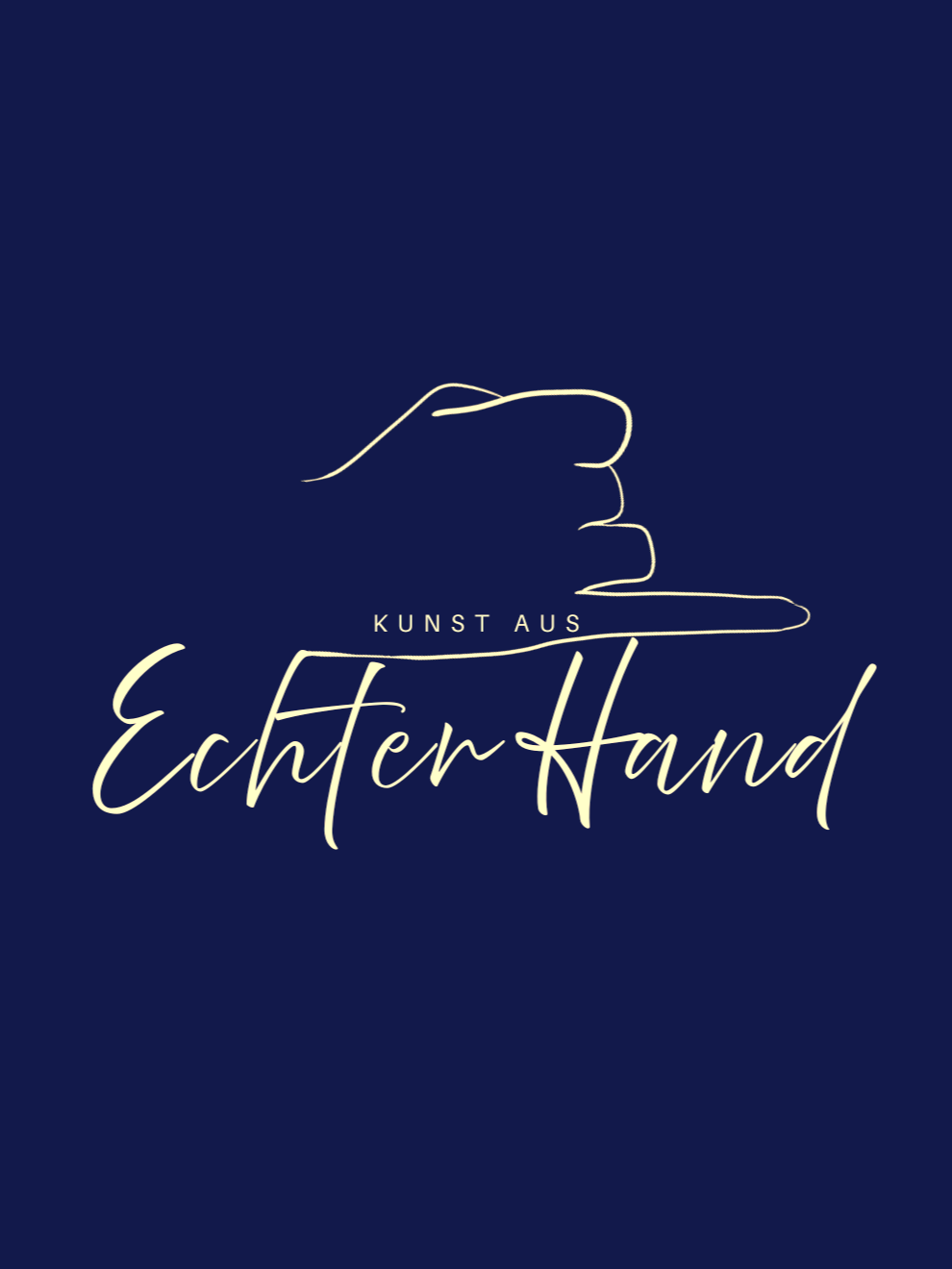A minimalist line drawing of a hand with the index finger pointing to the right, against a dark blue background. Text reads 'Kunst aus Echter Hand' in a cursive style.