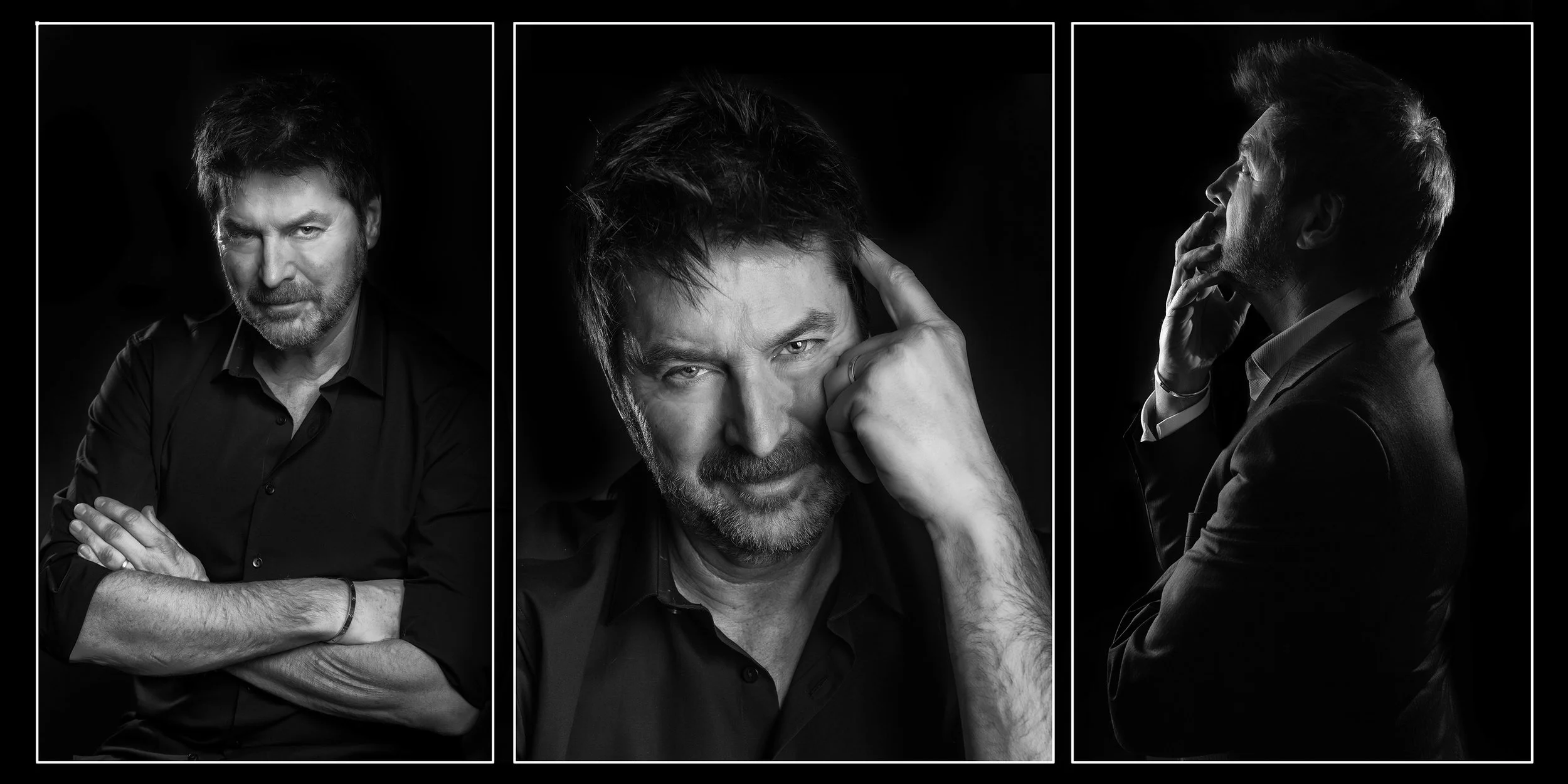 Three black-and-white portrait photos of a man with dark hair and beard, wearing a dark shirt. In the first, he is looking directly at the camera with arms crossed. In the second, he is touching his temple with his right hand and looking at the camer
