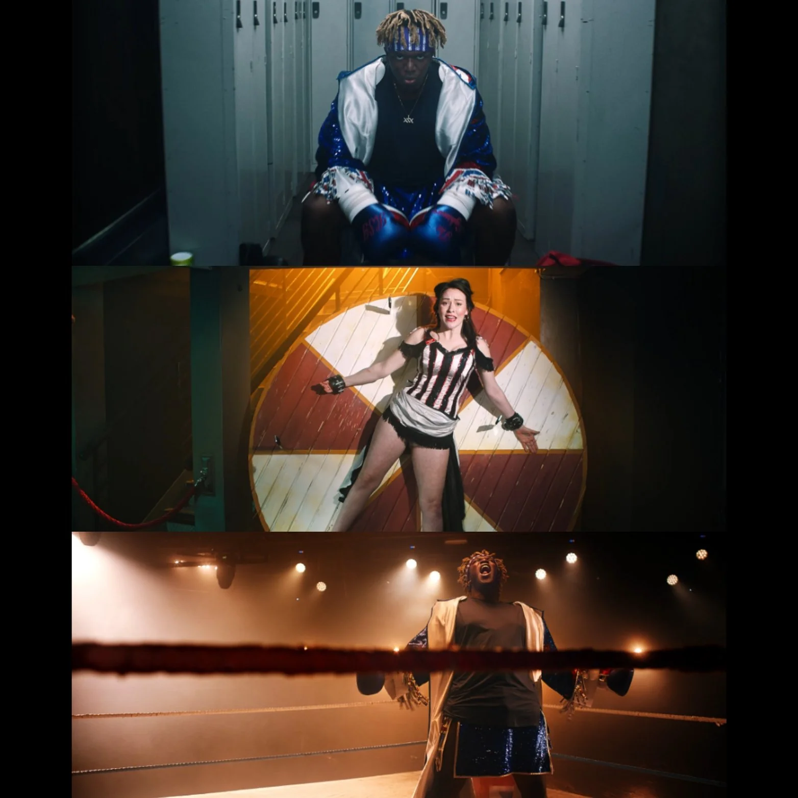 Three performers on stage in different settings: a person sitting in a locker room wearing colorful shorts and a jacket, a woman in a striped top and shorts with wrist restraints in an amusement park or themed venue, and a man in a boxing ring under bright lights, shouting or singing.
