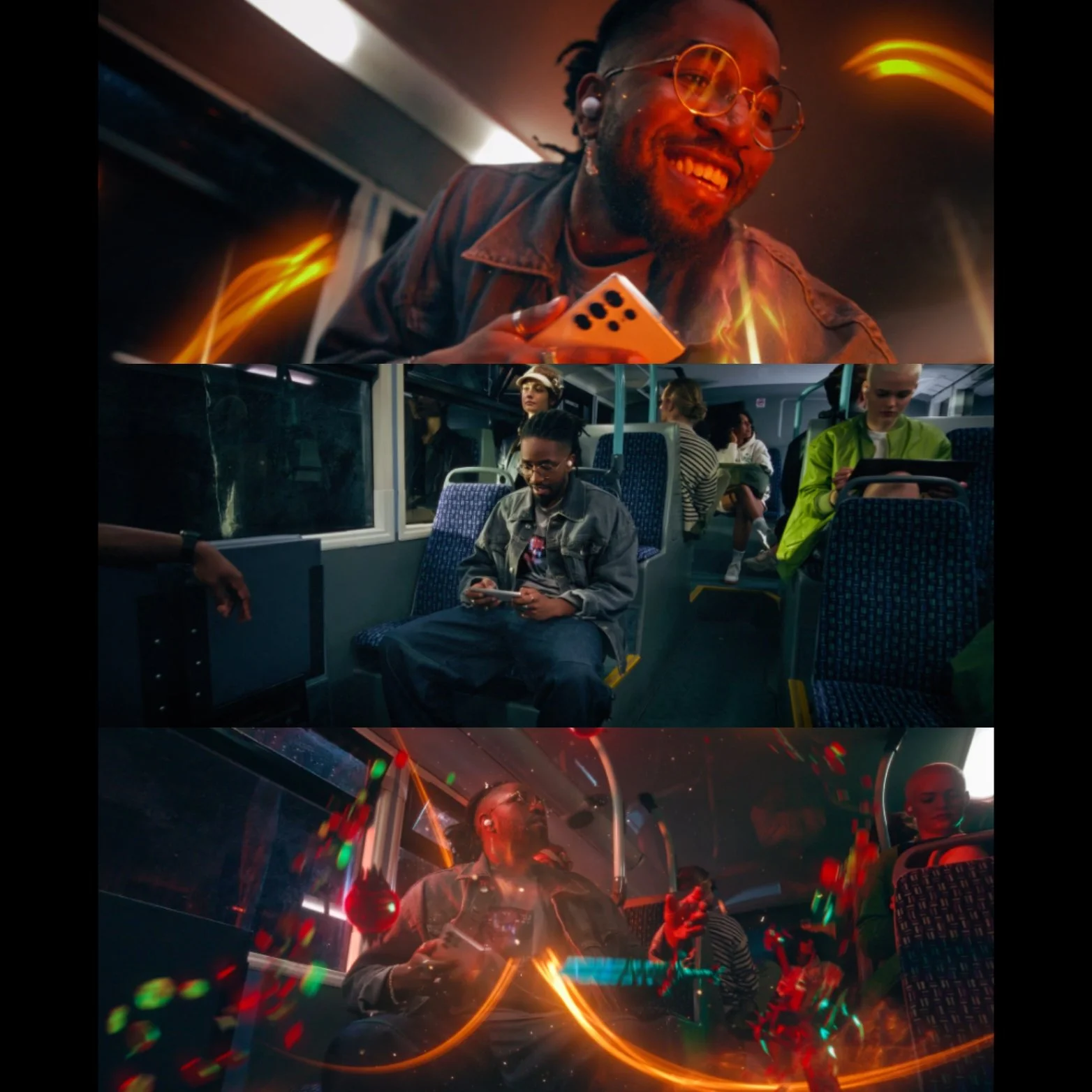 Three scenes of people on buses, each with a different atmosphere. Top scene shows a smiling man with glasses and dreadlocks holding a phone, with orange light streaks. Middle scene depicts a man with glasses and a denim jacket sitting inside a bus looking at his phone, with other passengers in the background. Bottom scene features a man with a headset sitting on a bus, with colorful light streaks and digital effects.