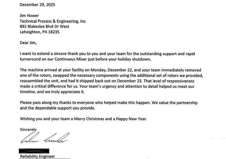 Customer testimonial letter showing rapid turnaround service