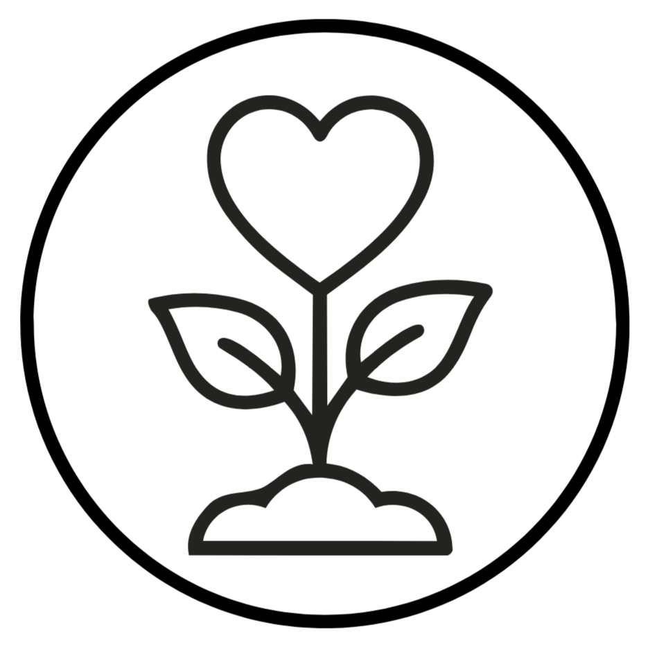 Outline of a plant with a heart-shaped flower at the top, two leaves, and a mound of soil at the base.