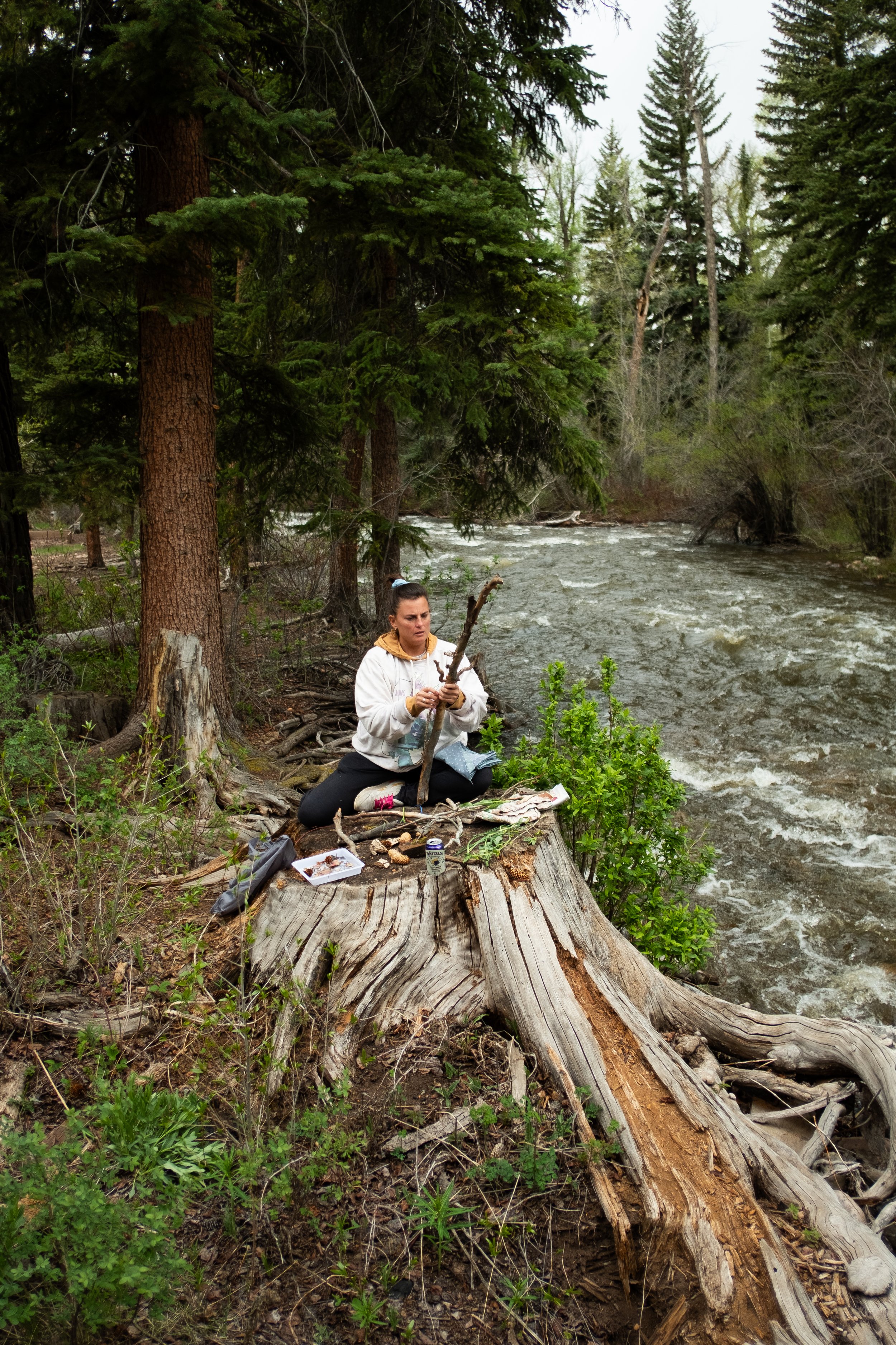 A woman kneeling on a tree stump near a river, holding a stick, surrounded by green foliage and tall trees in a forested area.