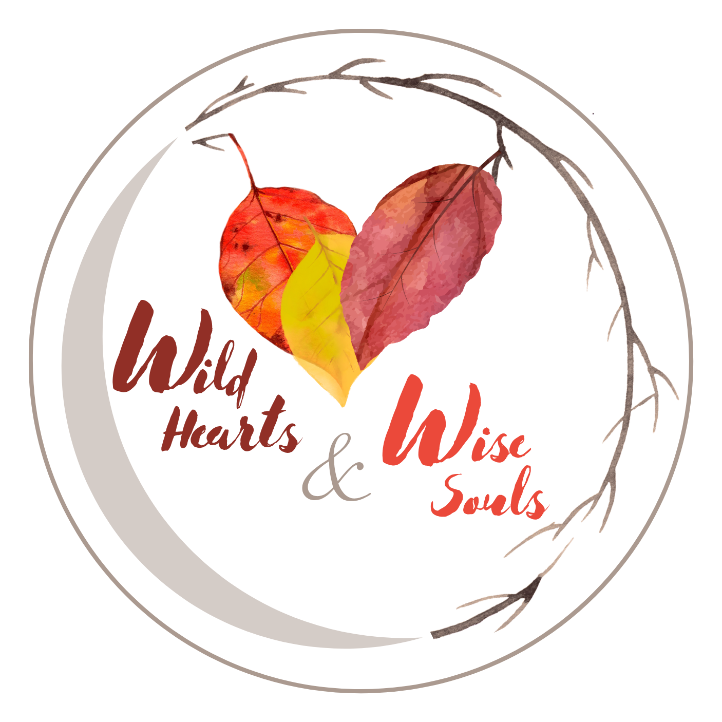 A circular logo featuring a heart shape made of overlapping autumn leaves, with the phrase 'Wild Hearts & Wise Souls' written in stylized red and brown fonts. The background is white with a sketch of tree branches around the circle.