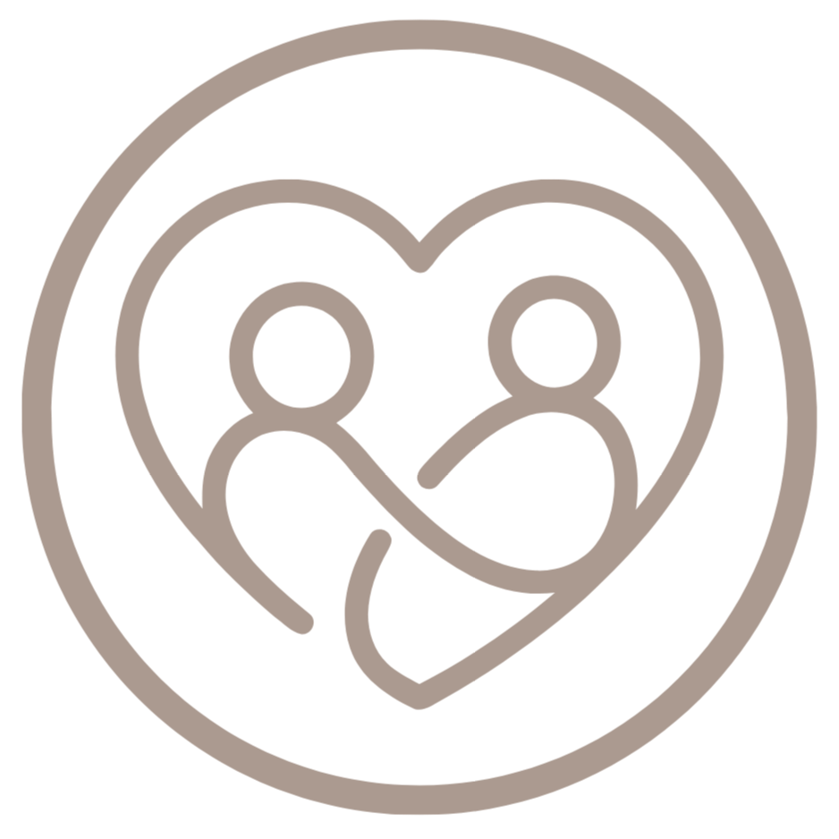 Line drawing of two people inside a heart, all within a circle.