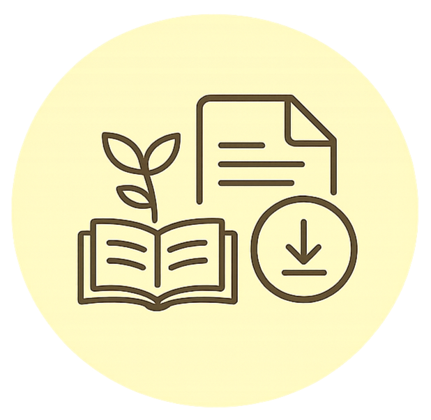 Icône représentant un livre ouvert, une feuille de papier, une plante, et une flèche de téléchargement.