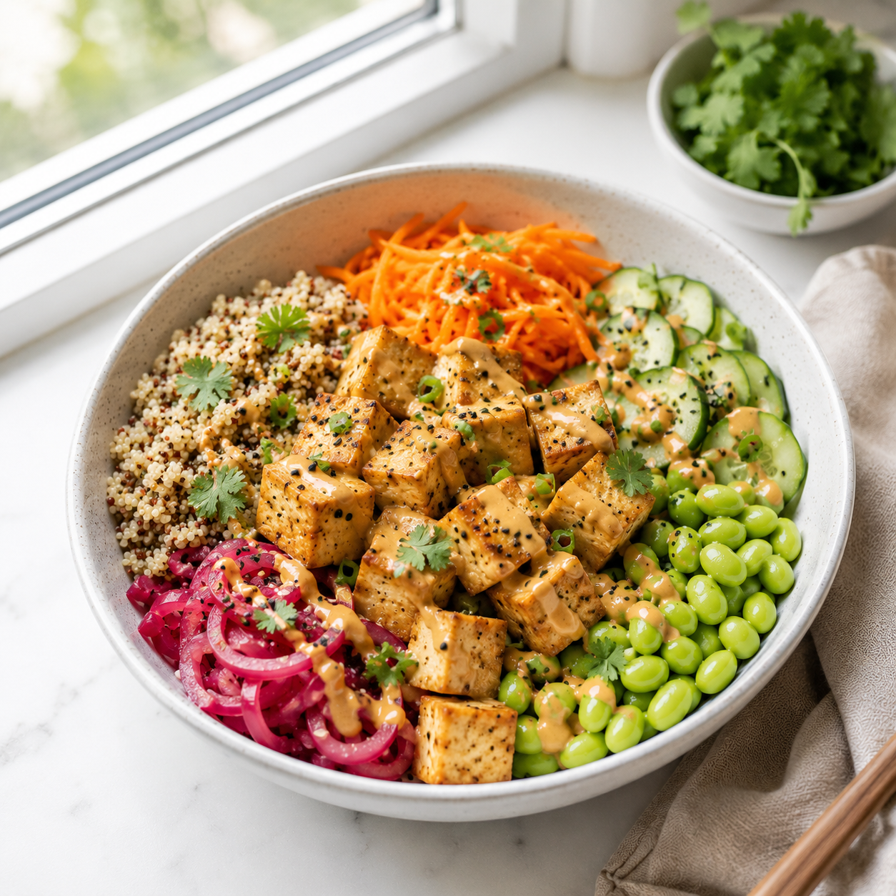 Buddha bol au tofu, quinoa et sauce aux arachides