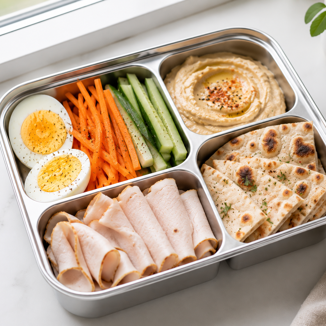 “Snack box” protéinée au hummus et à la dinde