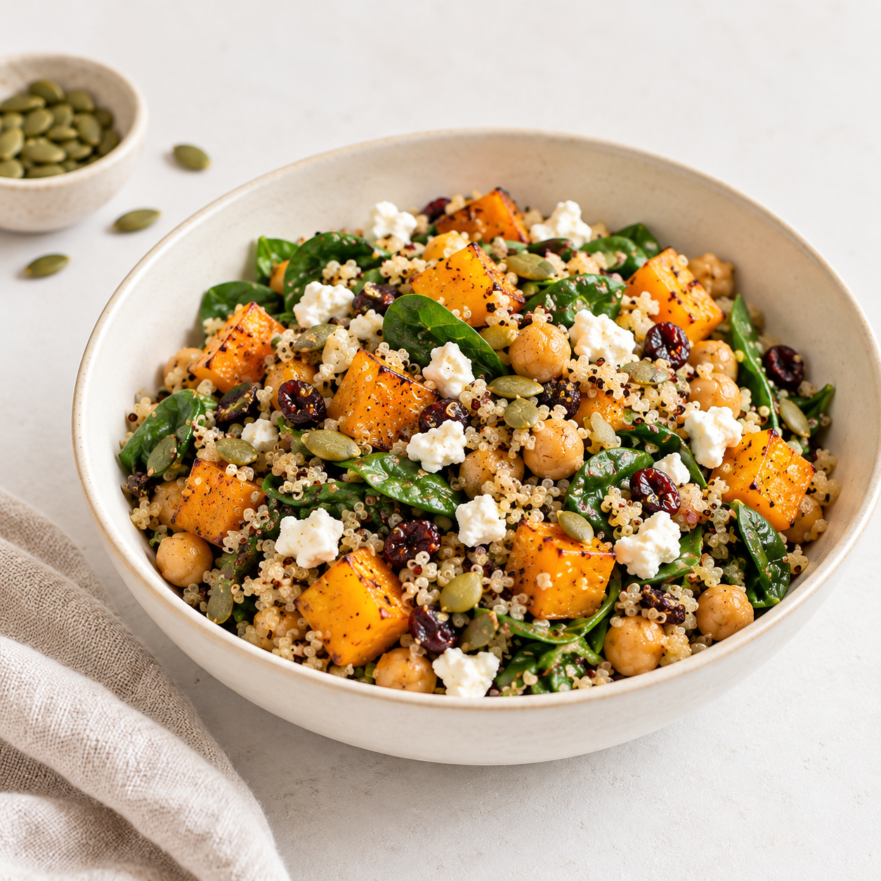Salade tiède de quinoa, courge rôtie et pois chiches