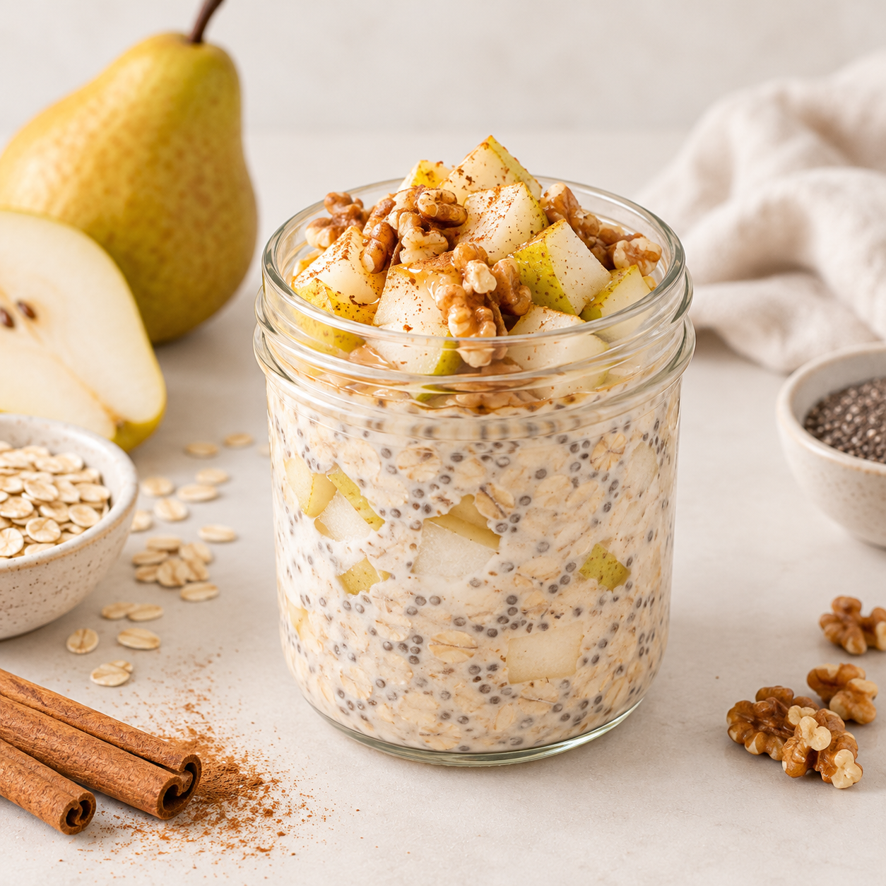 Gruau overnight à la poire, chia et yogourt grec