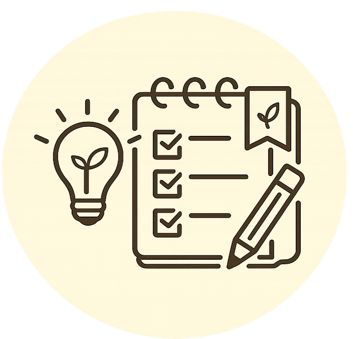 Illustration d'une idée lumineuse avec une ampoule contenant une feuille, un carnet avec des cases cochées, une étiquette avec une feuille, et un stylo.