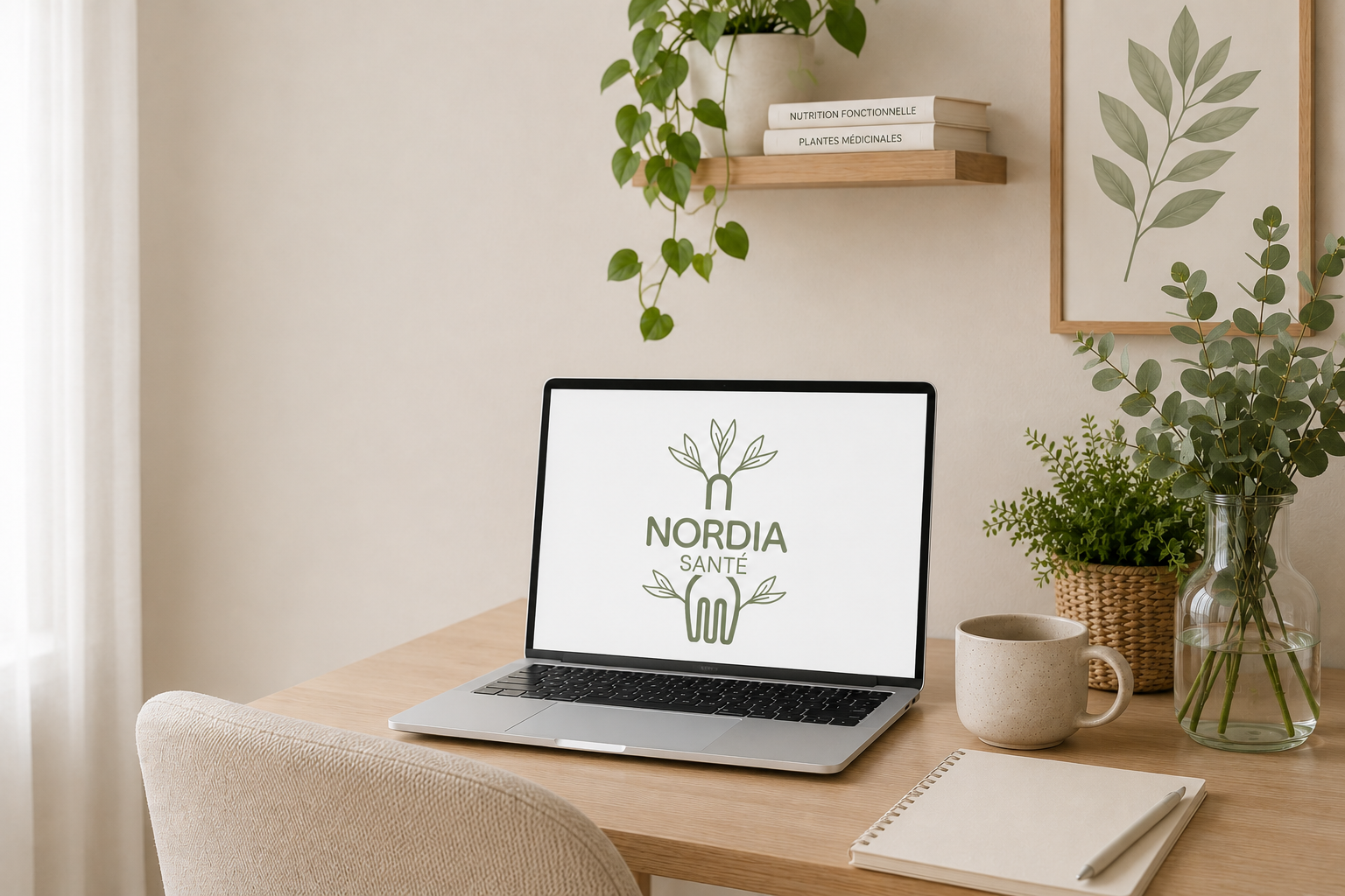 Un bureau avec un ordinateur portable affichant le logo Nordia Santé, entouré de plantes en pot, d'une tasse et d'un cahier avec un stylo, dans un environnement lumineux et moderne.