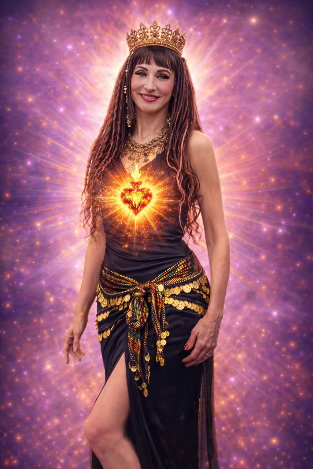 A woman dressed in a black gown decorated with gold coins and a colorful sash, wearing a gold crown and jewelry, with a digitally added glowing fiery heart-shaped pendant on her chest, standing against a cosmic, starry background with radiant purple and pink hues.