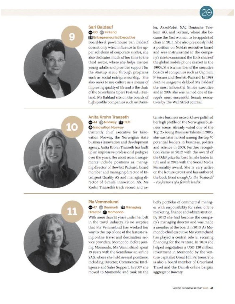 Kolme henkilöprofiilia sisältävä kuvitussivu, jossa yhdistyvät muotokuva ja teksti