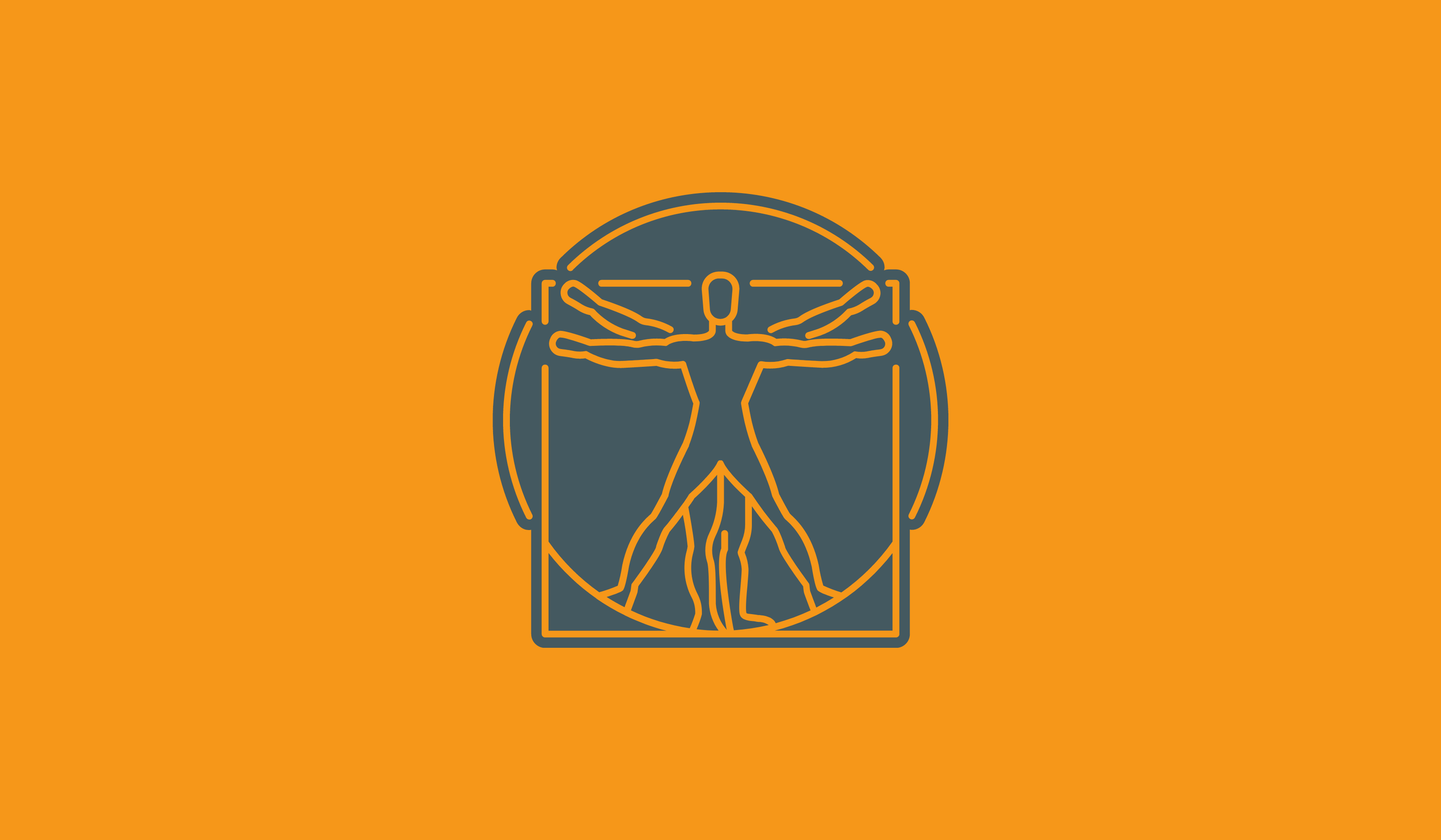 Outline of Leonardo da Vinci's Vitruvian Man on an orange background.