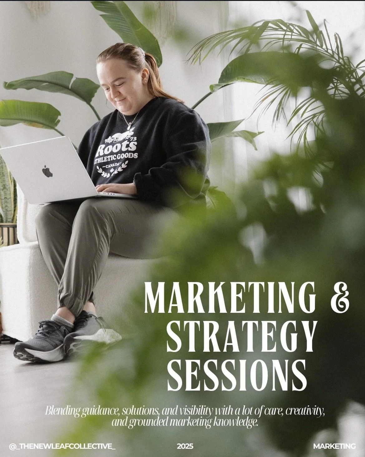 Marketing and strategy sessions promotional graphic featuring Ashley Rowe working on a laptop in a natural workspace, representing business planning and content strategy.