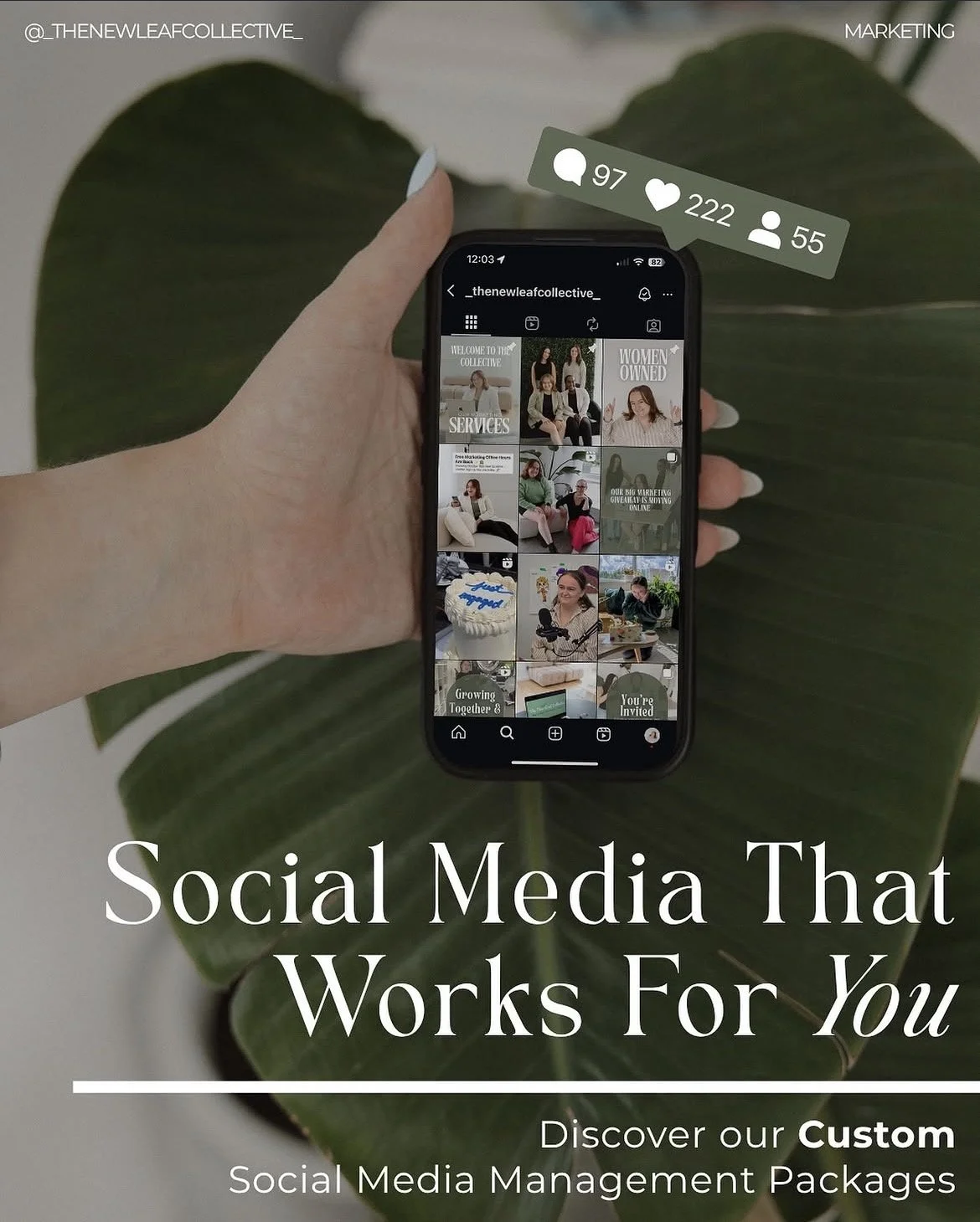 Social media management content displayed on a smartphone, showing Instagram posts and engagement metrics for a business account.