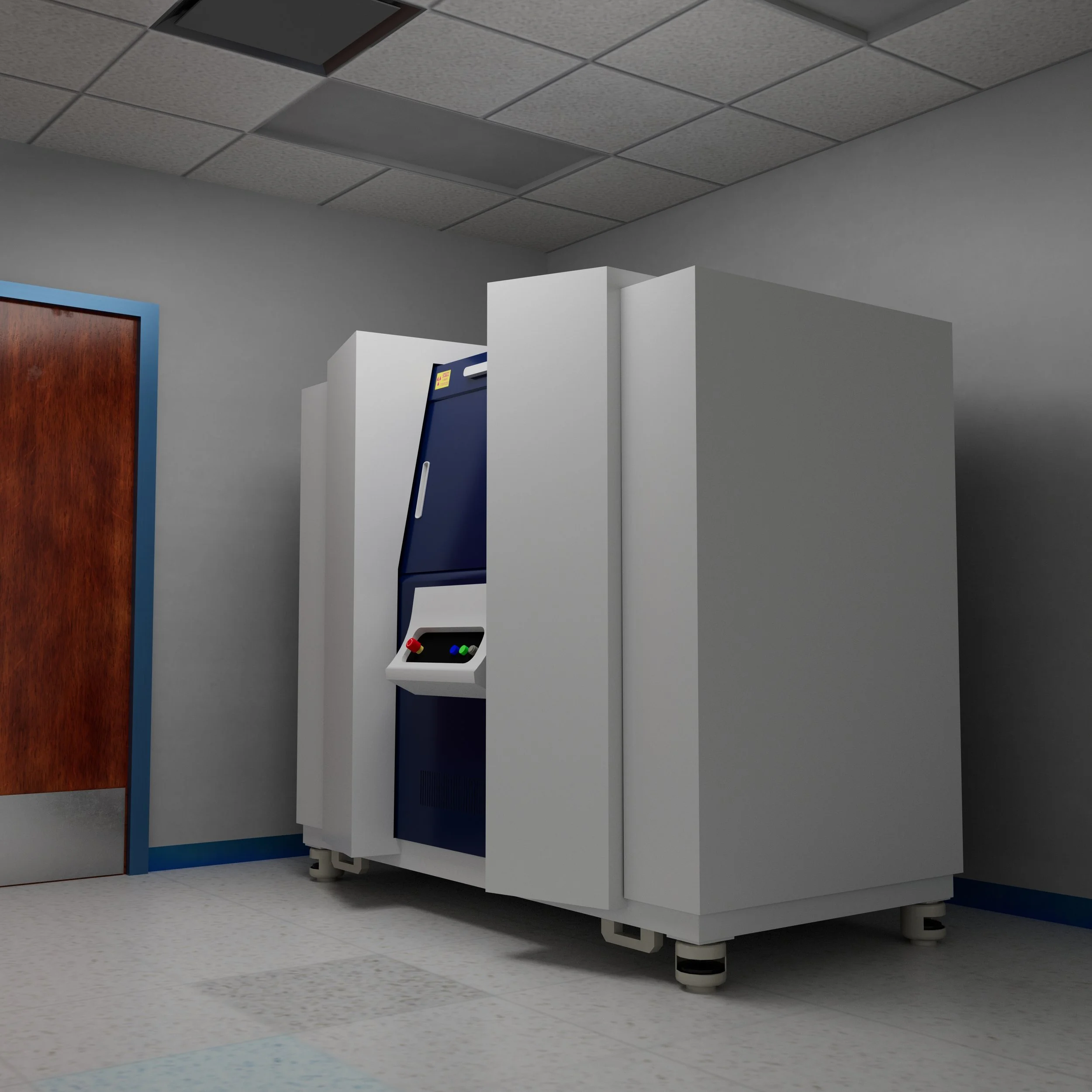 ATM kiosk in a hallway next to a wooden door with a blue trim, in a room with gray walls, gray ceiling tiles, and a tiled floor.