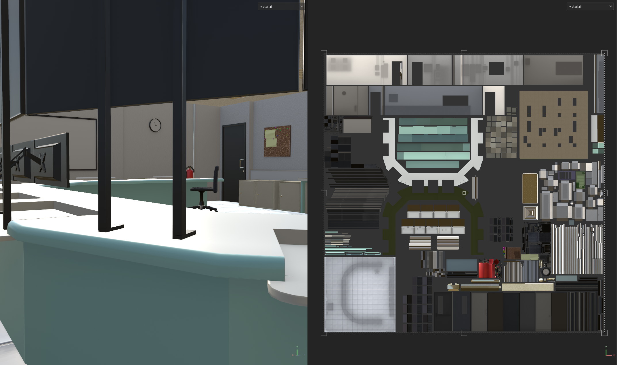 A 3D-rendered interior of an office space viewed from behind a reception desk with multiple computer monitors, a chair, a fire extinguisher, a clock, a corkboard, and a door on the wall.
