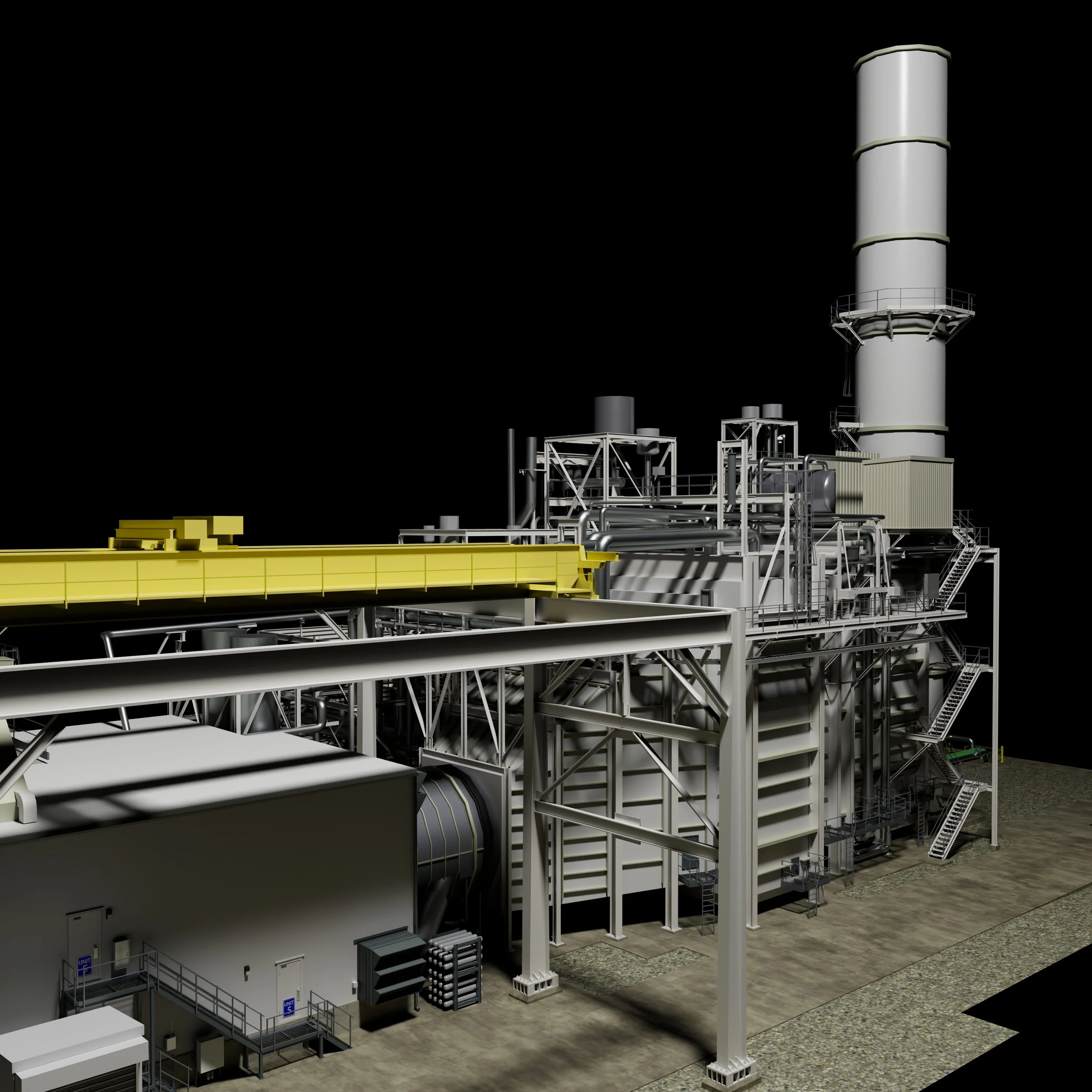 Digital rendering of an industrial oil or gas processing plant with metal structures, pipes, and a tall chimney against a black background.