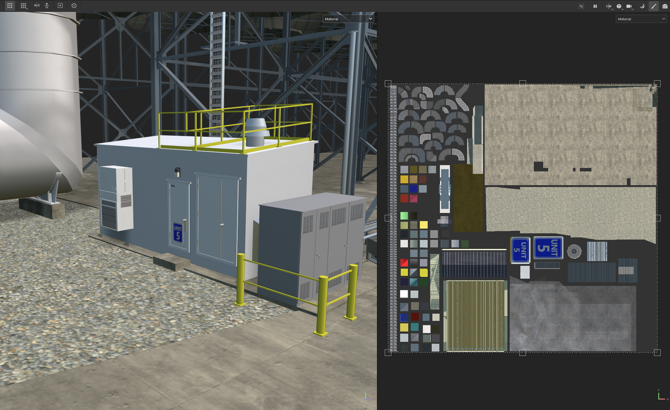 Digital 3D rendering of an outdoor industrial equipment structure with a control panel, electrical boxes, and a safety railing, next to metallic scaffolding and gravel ground.