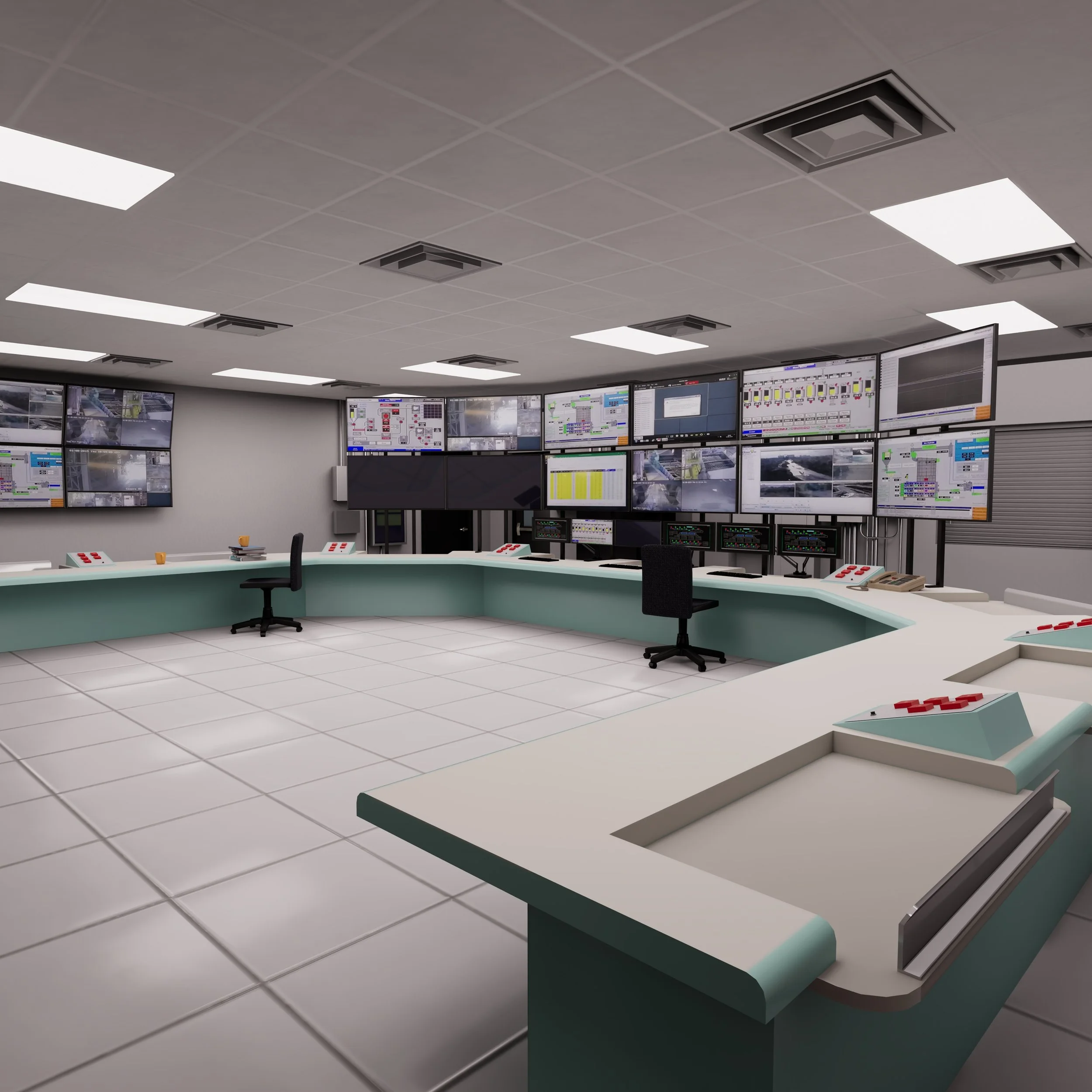 A modern control room with multiple monitors displaying security footage and system interfaces, desks, office chairs, and communication equipment.