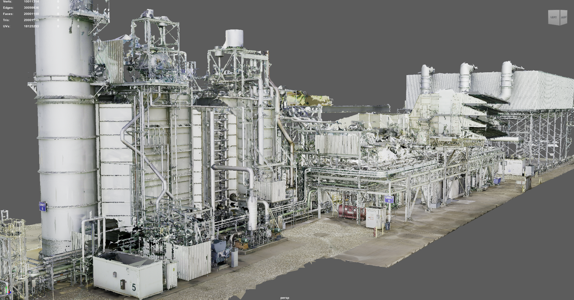 FARO point cloud scan of an industrial facility with large pipes, towers, and metal framework, set against a gray background.