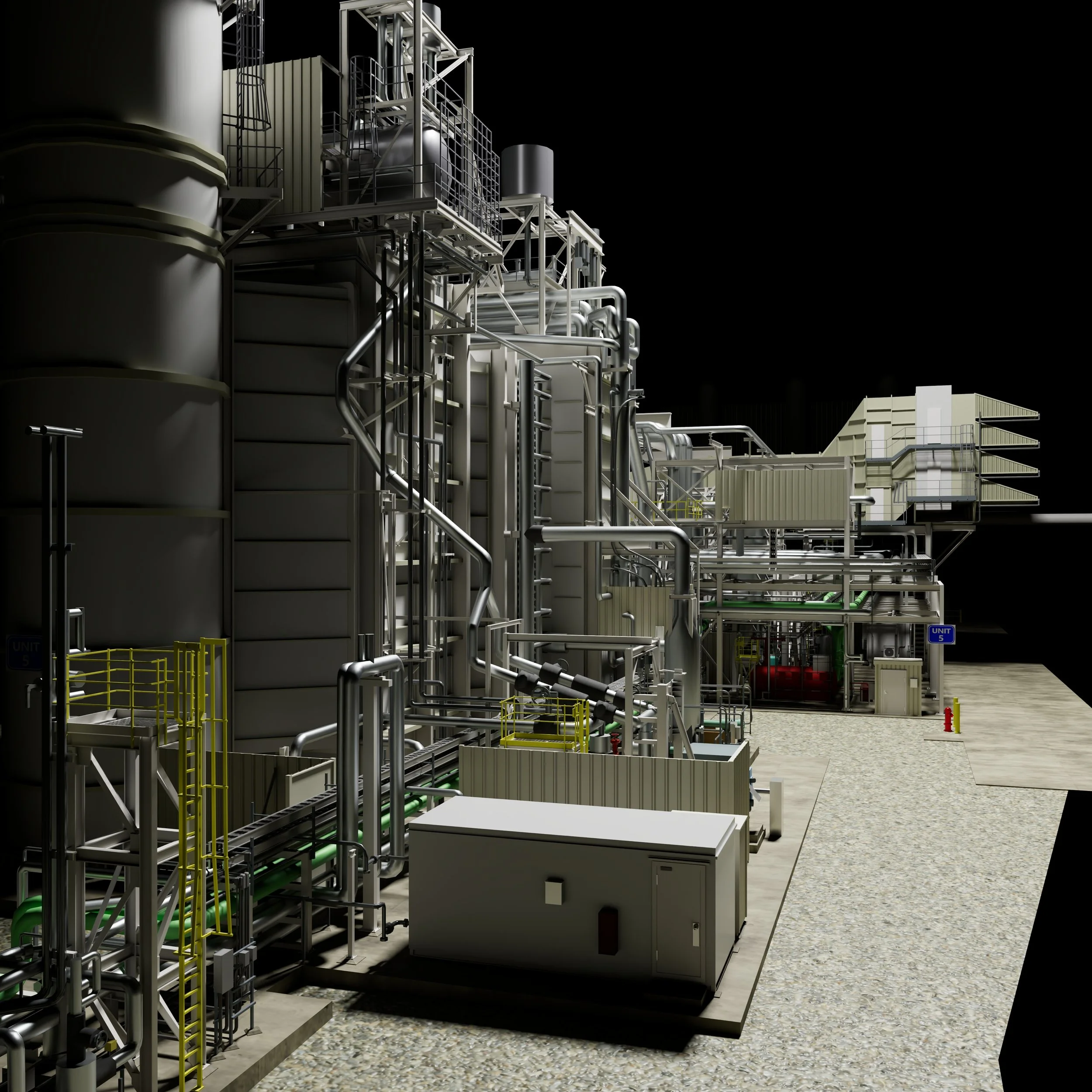 Industrial facility with large tanks, pipes, and metal structures against a black background.