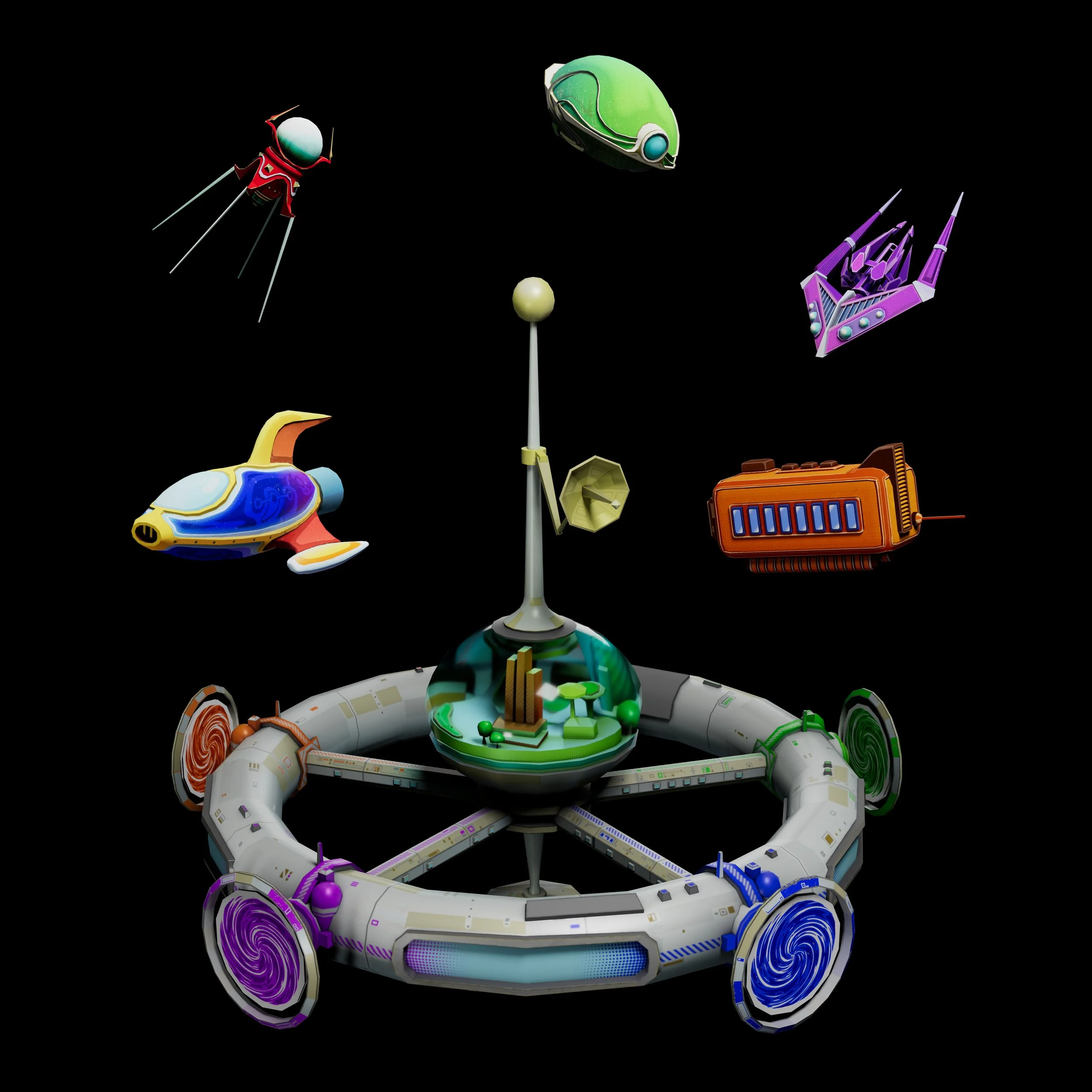 Collection of colorful, futuristic alien spacecraft and technology floating in space with a black background, including a central station surrounded by various themed ships and objects.