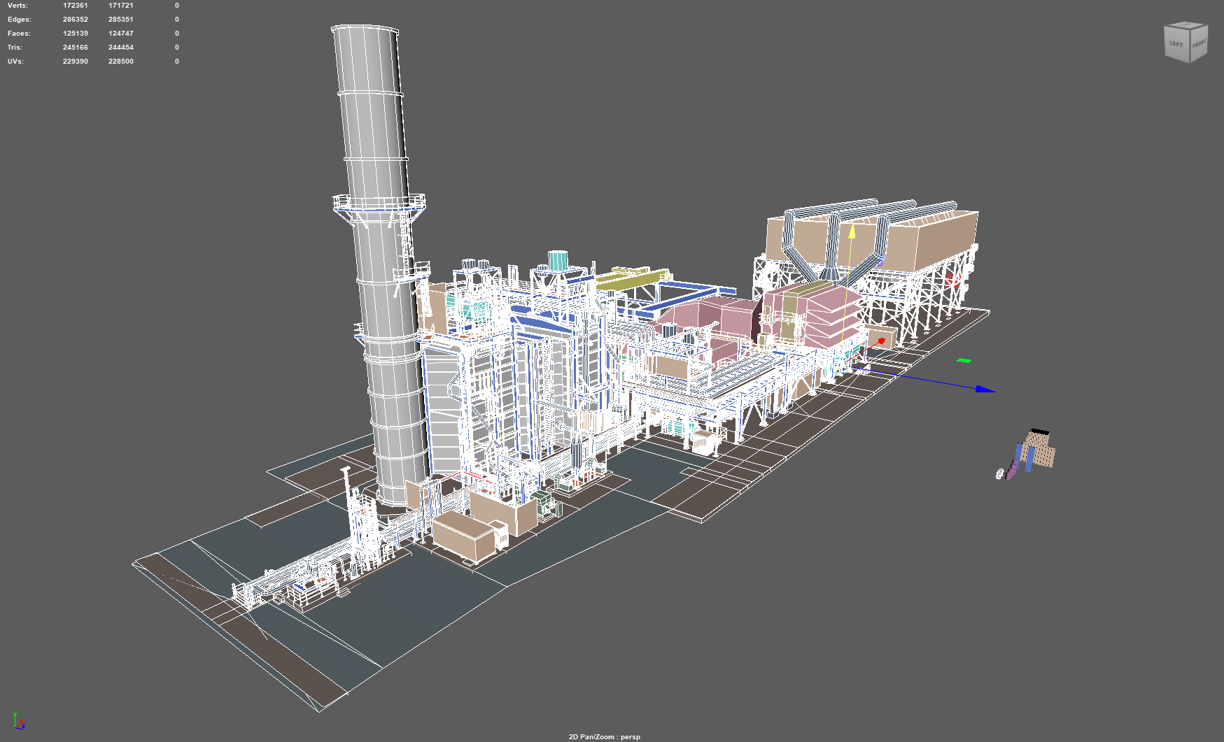 Complete wireframe 3D model of an industrial factory with a large chimney on the left and various interconnected structures and equipment.