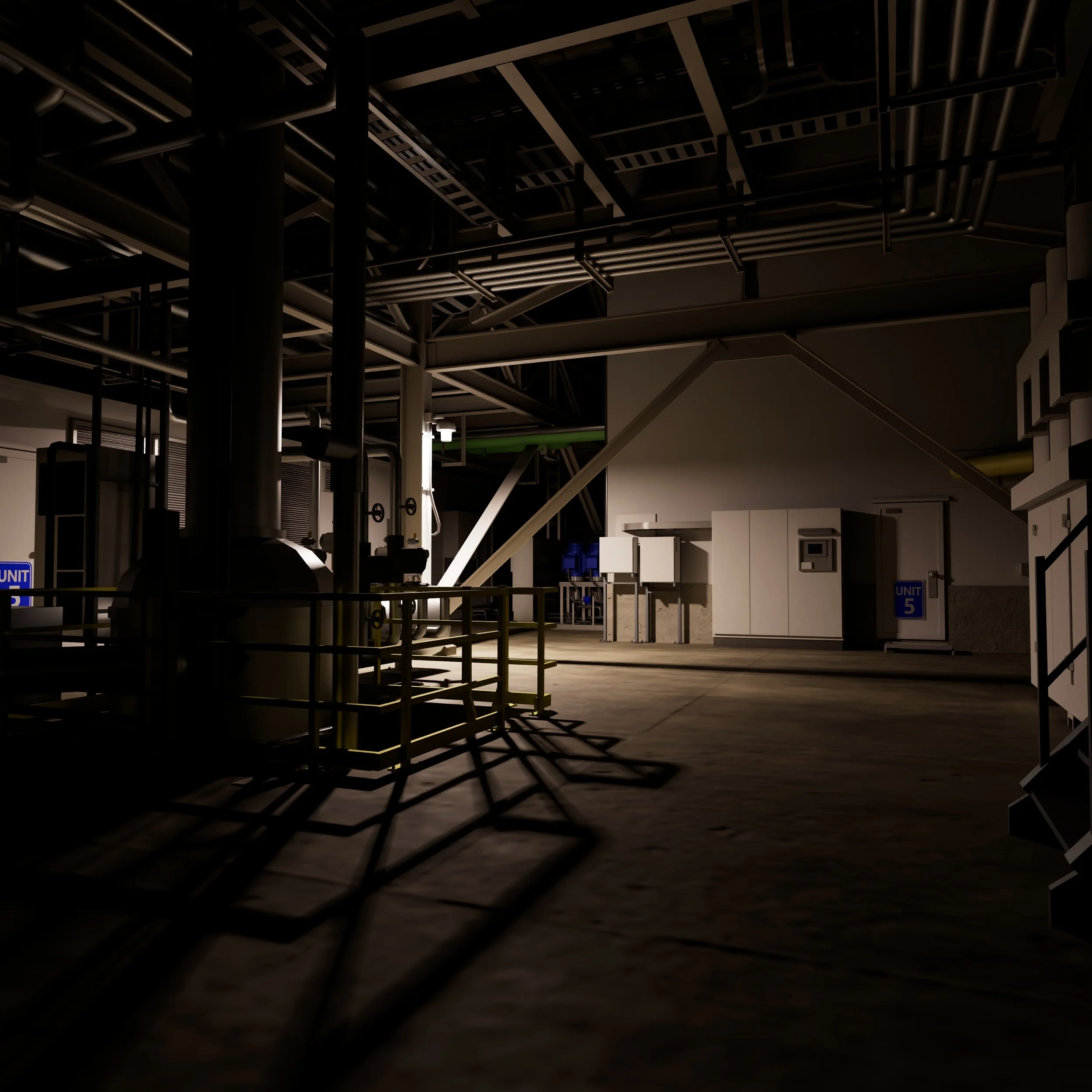 Industrial room with pipes and machinery, dimly lit with shadows on the floor.