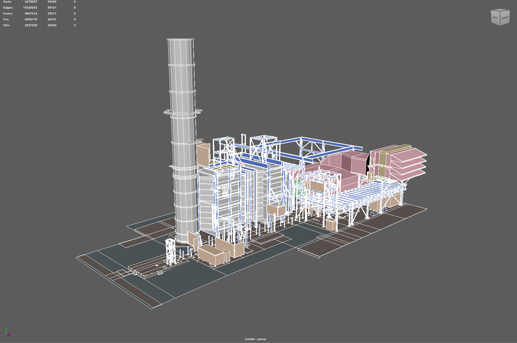 Early progress of a detailed 3D wireframe model of an industrial plant or factory with a tall smokestack, structural frameworks, and multiple sections of machinery and buildings.
