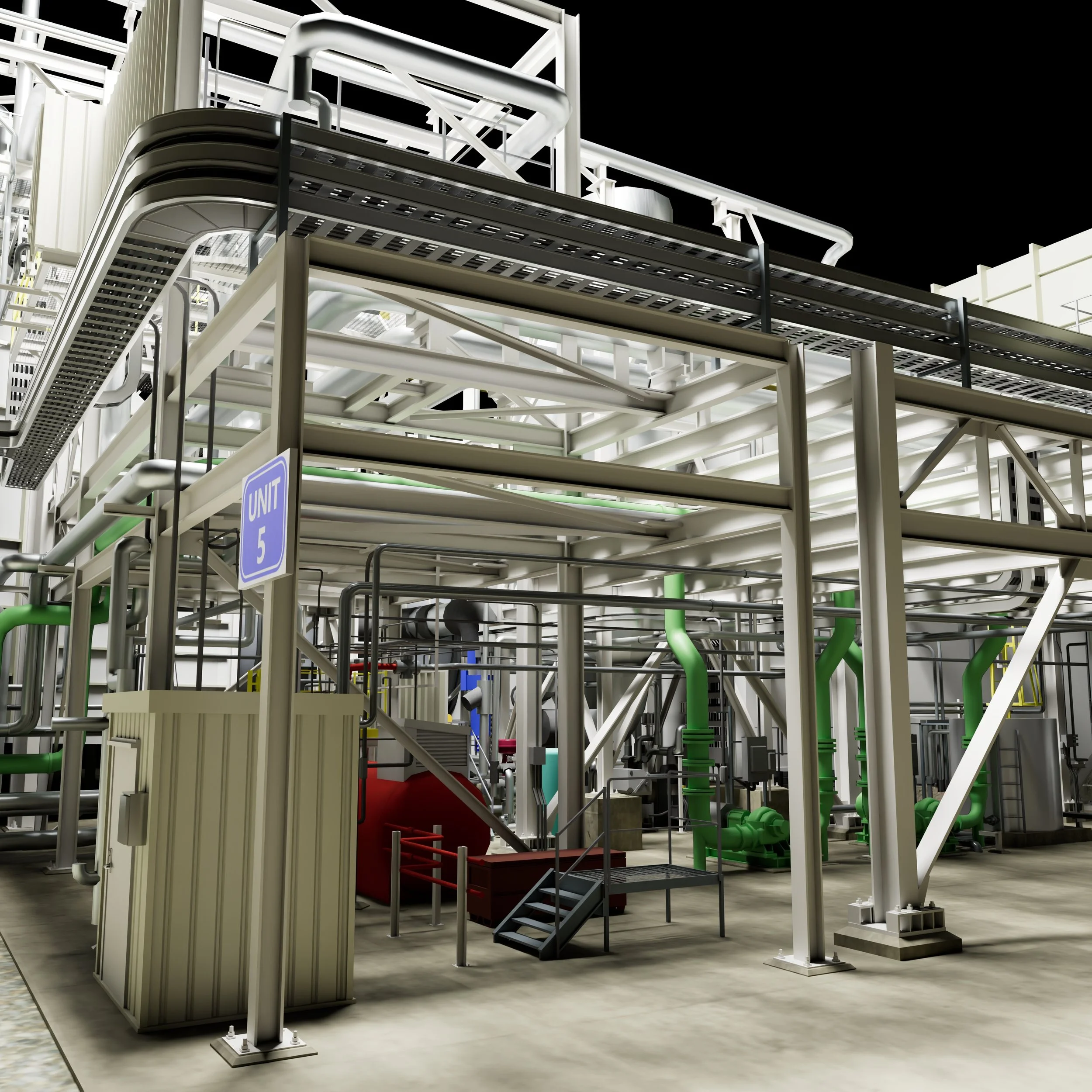 Industrial facility with metal pipes, stairs, and machinery, labeled as Unit 5.