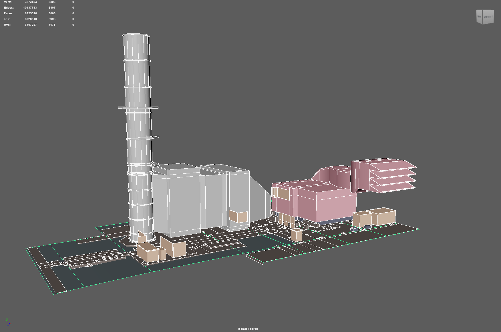 Early progress of a 3D wireframe model of an industrial factory with a tall chimney, modular buildings, and horizontal structures, displayed on a gray background.