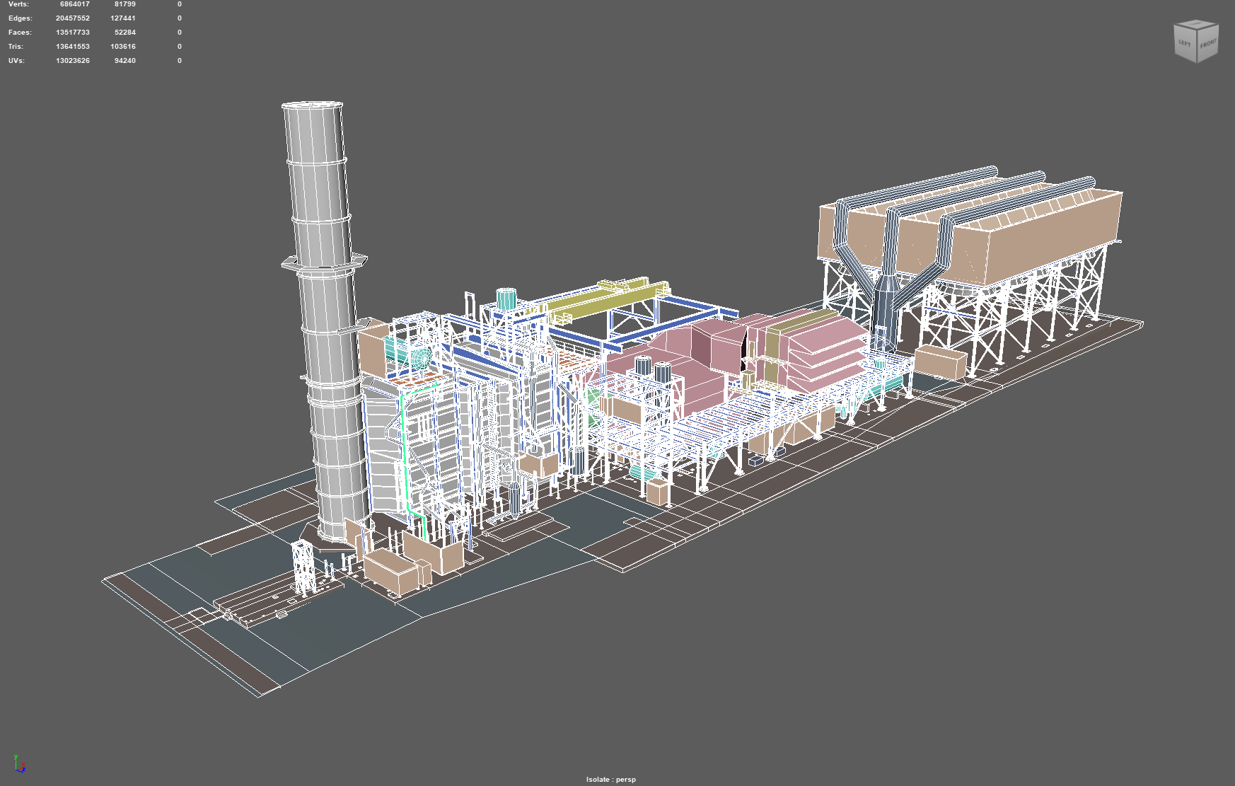 Early progress of a wireframe model of an industrial facility with a tall smokestack on the left, various interconnected structures, and large rectangular units on the right, set against a gray background.