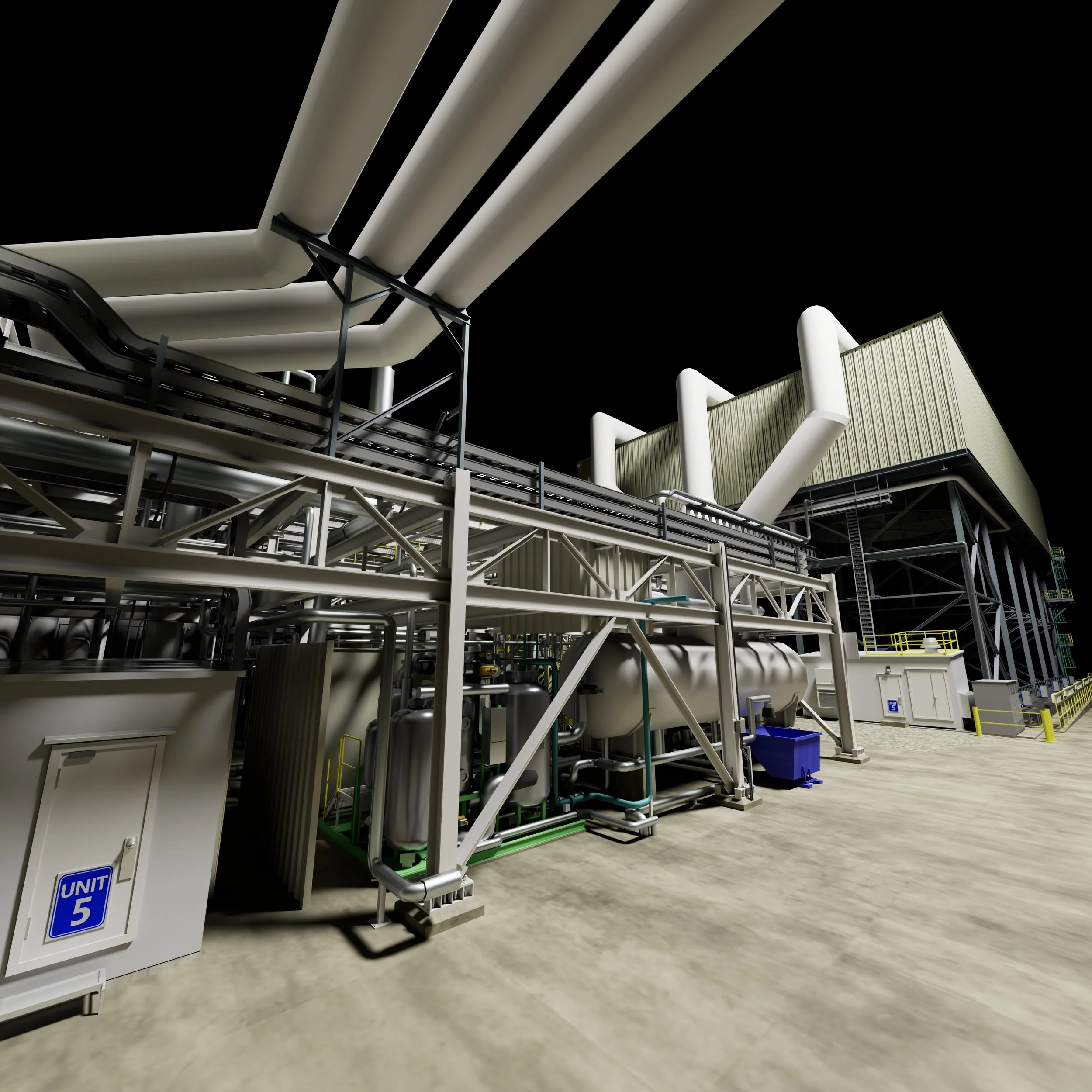 Industrial plant with pipes, tanks, and metal structures outside at night