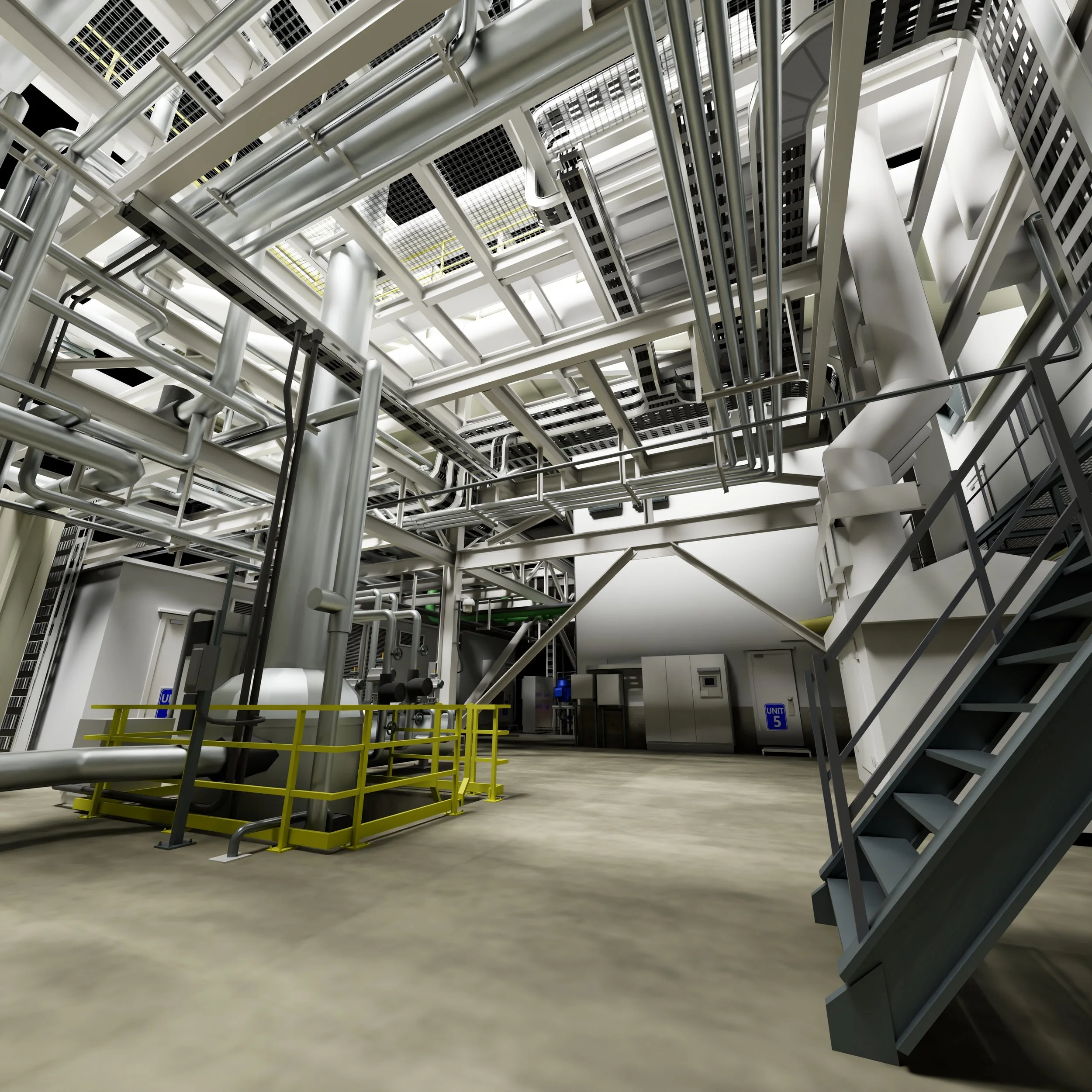 Interior of an industrial facility with metal pipes, staircases, and equipment, including a large white pipe and yellow safety railing.