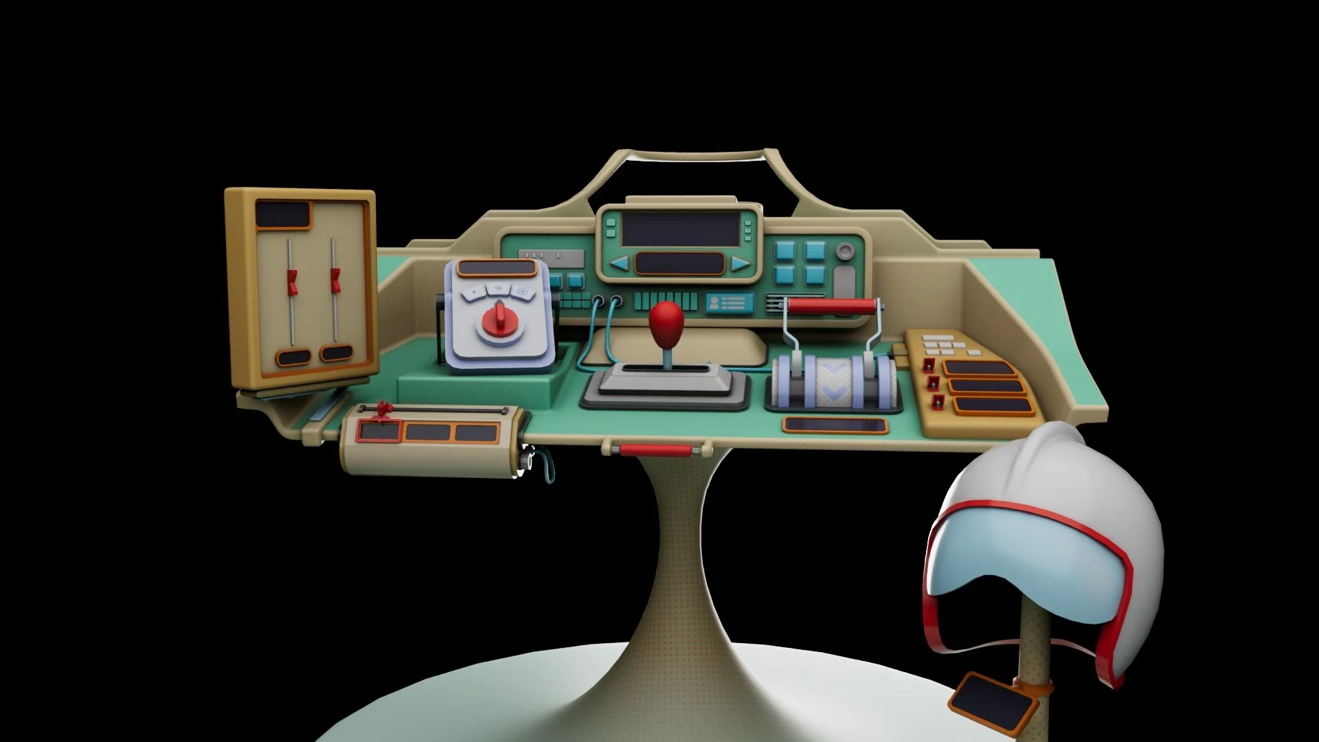 A computer control panel with various monitors, buttons, and switches, plus a racing helmet with a visor on a stand, all set against a black background.