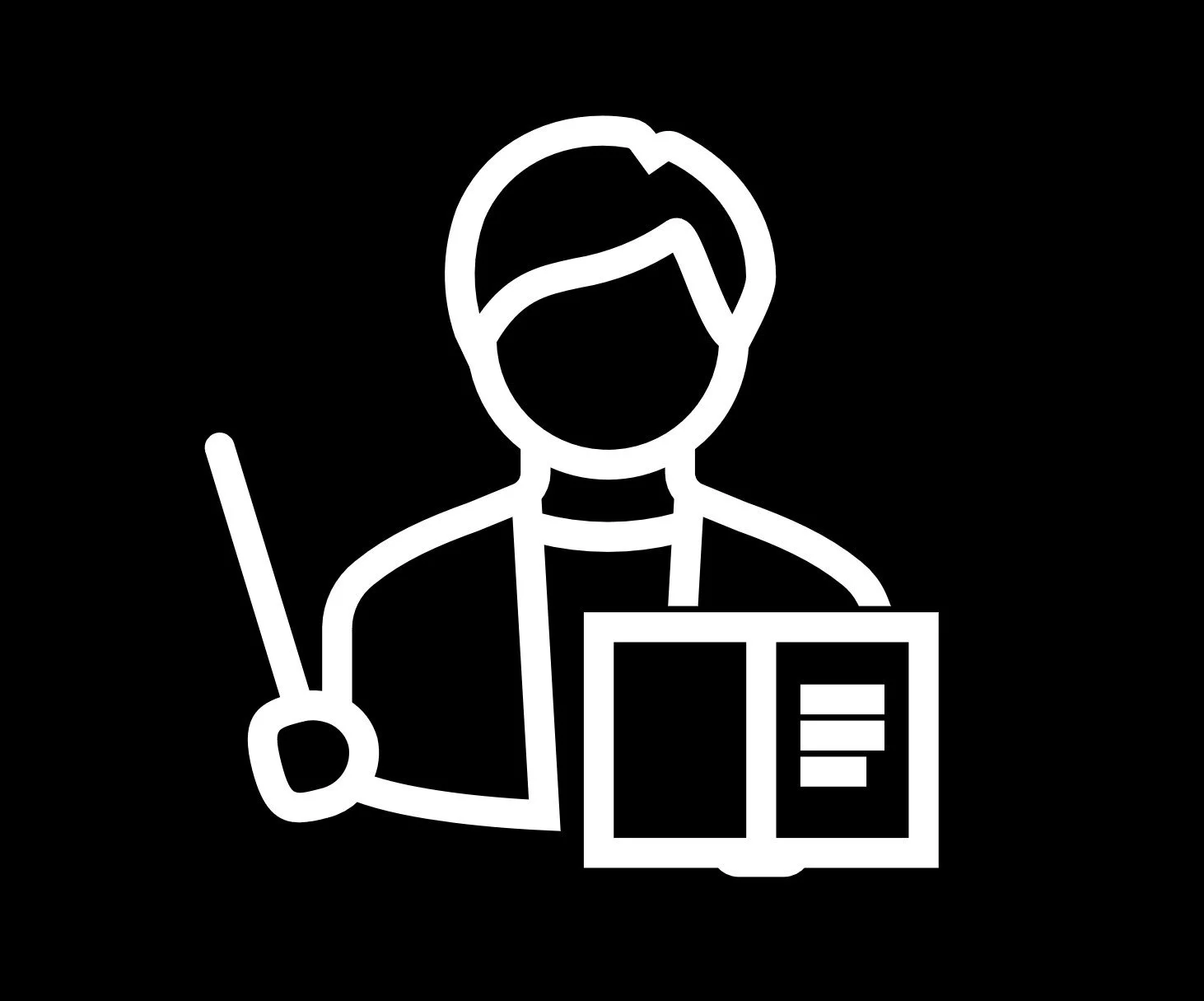 Line drawing of a medical professional with a stethoscope and a clipboard on a black background.