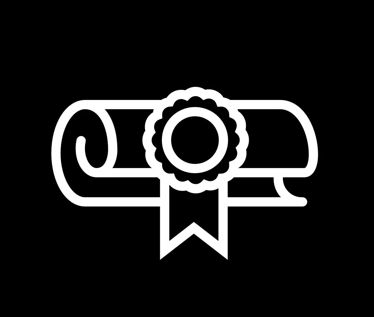 Outline of a diploma or certificate with a ribbon and medal in the center, set against a black background.