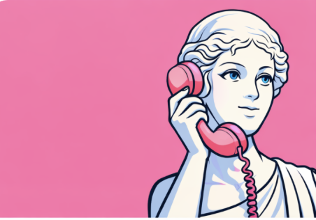 Outline drawing of a woman with classical attire wearing pink headphones against a pink background