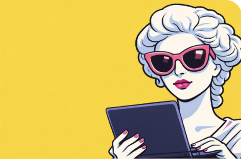 Illustration of an older woman with gray hair in large pink sunglasses, reading a tablet against a yellow background.