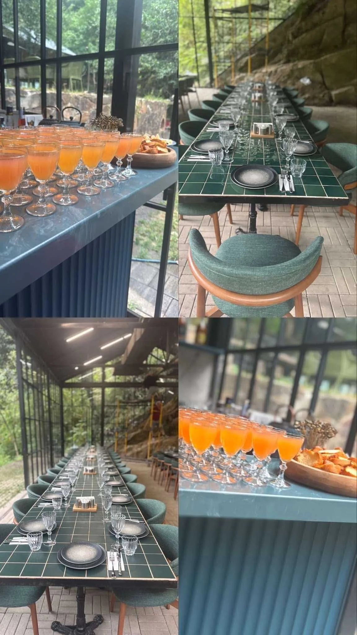 Set tables for a meal with green chairs, glassware, and black plates in a scenic indoor-outdoor space with large windows, surrounded by greenery.