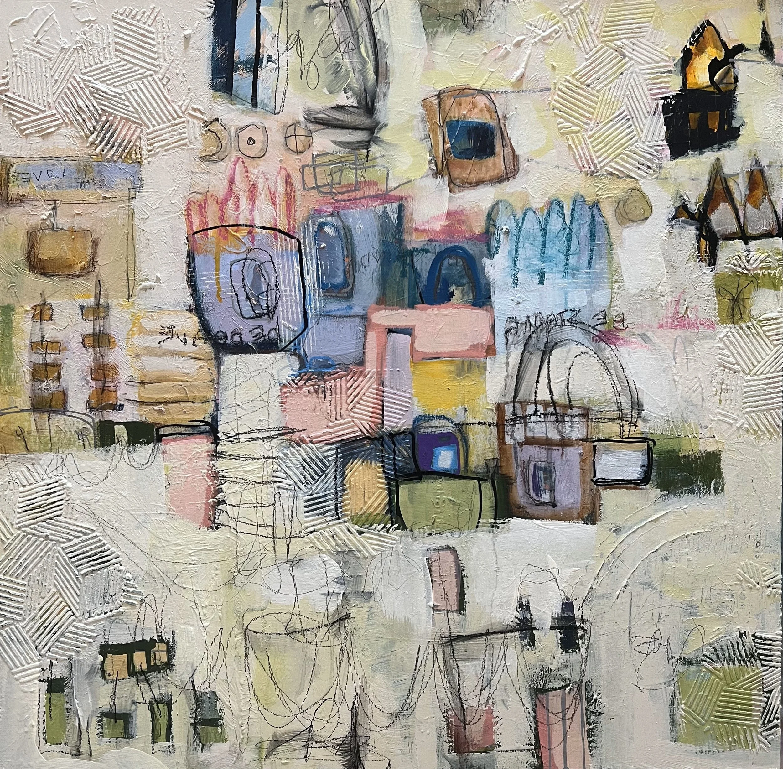 Altars of Memory 24" x 24" 
This piece evokes reverence for the inner landscape, honors the symbolic containers and forms in the piece, and invites the viewer to sense the sacredness woven through both the personal and collective past that lives in m