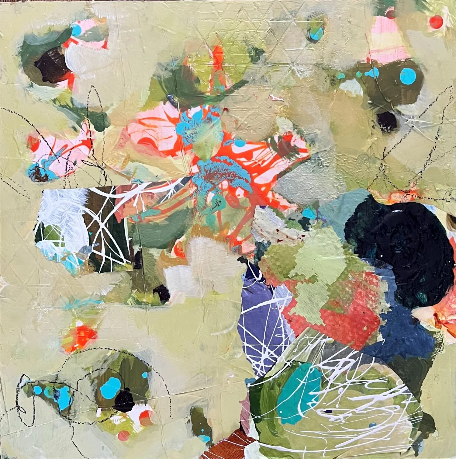 Above the Roots  (12 x 12, acrylic + mixed media on wood panel)

Layers of acrylic paint, collaged acrylic skins, and graphite marks intertwine with quiet geometry beneath the surface — exploring the relationship between the physical world and the un