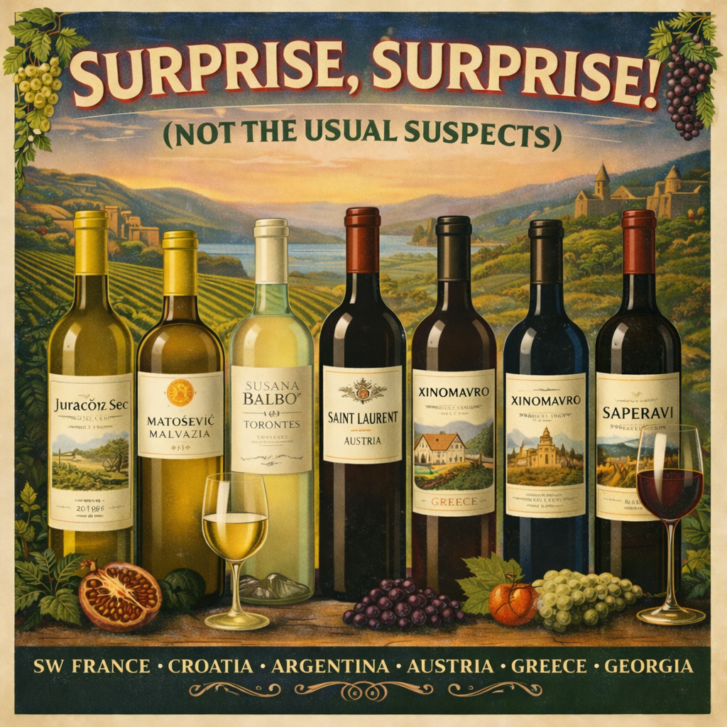 Seven wine bottles from various countries, with wine glasses, grapes, and fruits in front, set against a scenic vineyard landscape background with hills and buildings, and the text 'Surprise, Surprise! (Not the usual suspects)'. The countries listed at the bottom are SW France, Croatia, Argentina, Austria, Greece, and Georgia.