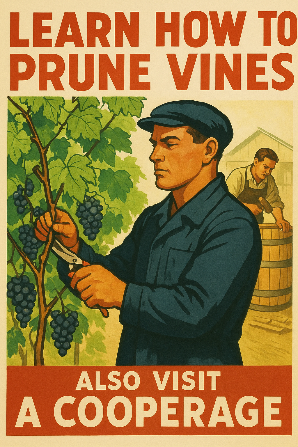 Vintage-style poster showing a vineyard worker pruning grapevines with the text “Learn How to Prune Vines – Also Visit a Cooperage”