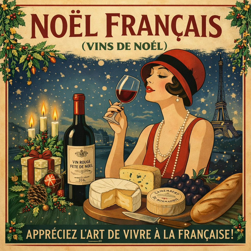 Vintage-style French Christmas advertisement featuring a woman in 1920s attire holding a glass of red wine, surrounded by cheese, grapes, a baguette, a bottle of wine labeled "Vin Rouge Fête de Noël," lit candles, a Christmas gift, and a backdrop of the Eiffel Tower under a starry night sky. The advertisement promotes enjoying French culture, with text that says "Noël Français" and "Appréciez l'art de vivre à la française!".